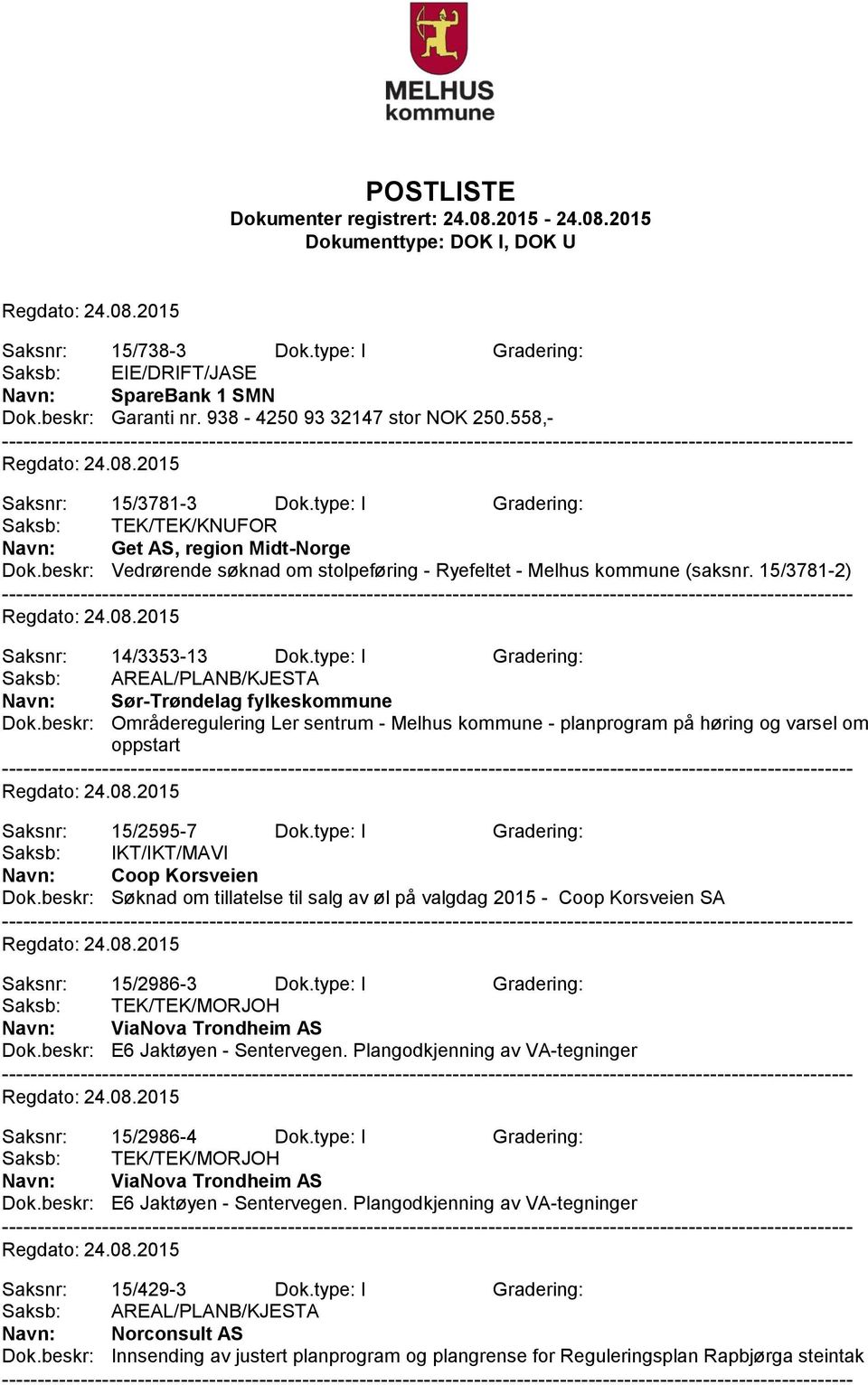 type: I Gradering: Navn: Sør-Trøndelag fylkeskommune Dok.beskr: Områderegulering Ler sentrum - Melhus kommune - planprogram på høring og varsel om oppstart Saksnr: 15/2595-7 Dok.