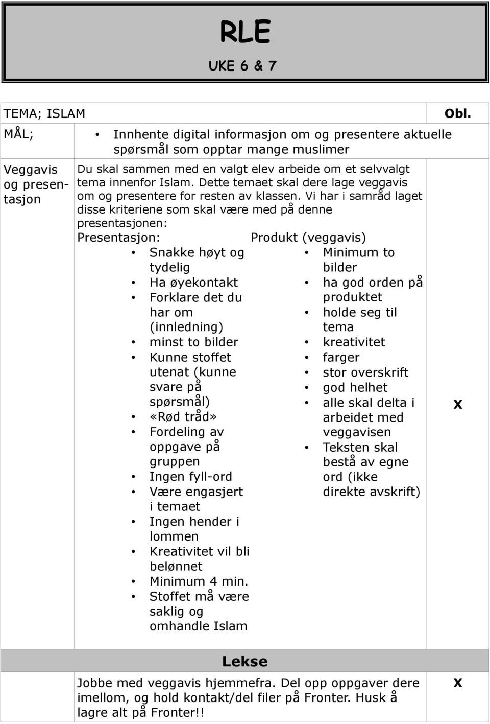 Vi har i samråd laget disse kriteriene som skal være med på denne presentasjonen: Presentasjon: Snakke høyt og tydelig Ha øyekontakt Forklare det du har om (innledning) minst to bilder Kunne stoffet