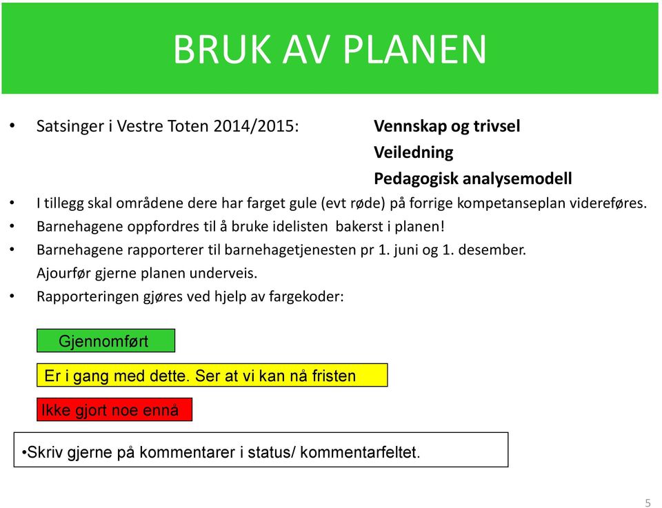 Barnehagene rapporterer til barnehagetjenesten pr 1. juni og 1. desember. Ajourfør gjerne planen underveis.