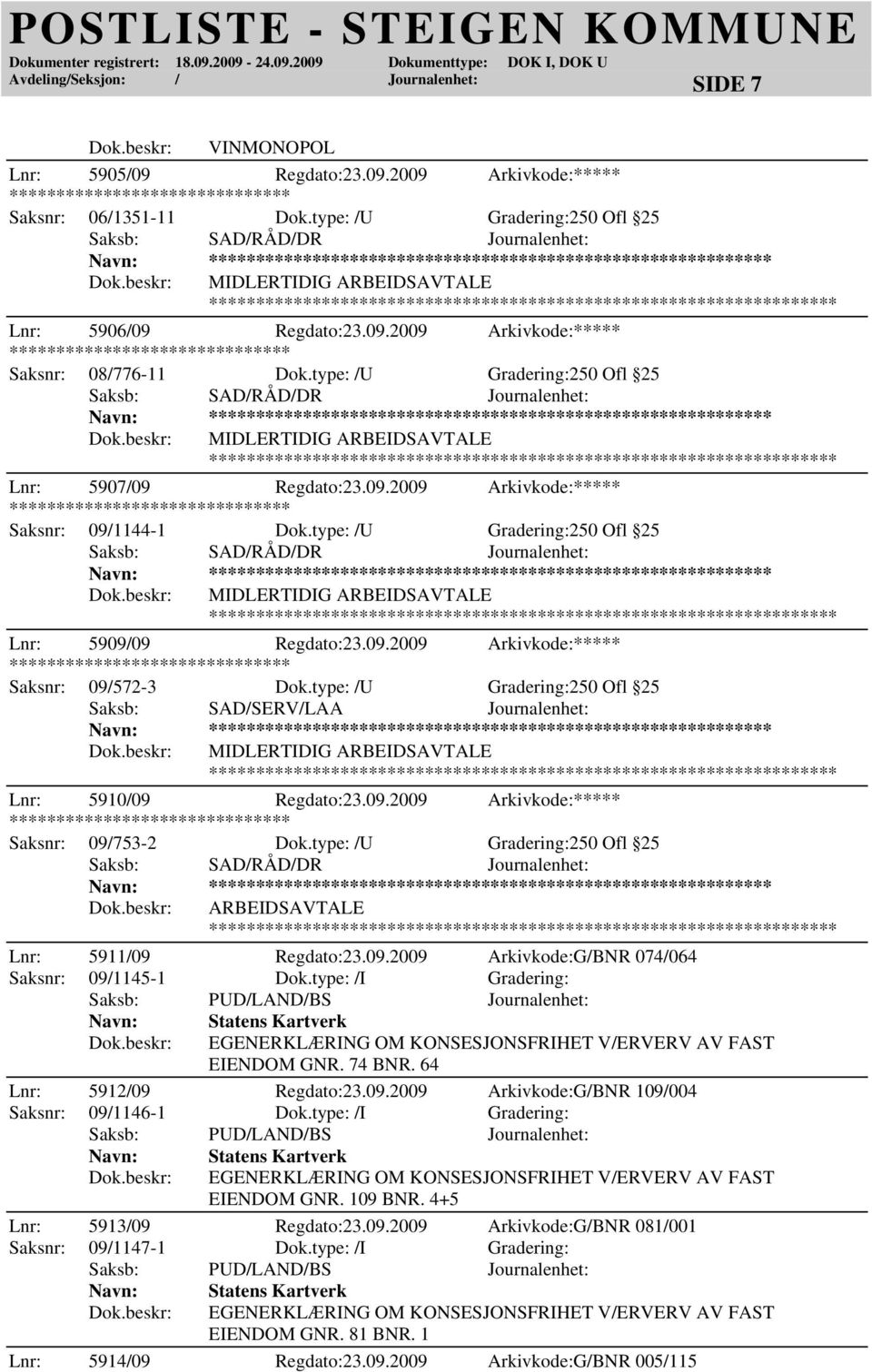 type: /U Gradering:250 Ofl 25 MIDLERTIDIG ARBEIDSAVTALE Lnr: 5909/09 Regdato:23.09.2009 Arkivkode:***** Saksnr: 09/572-3 Dok.