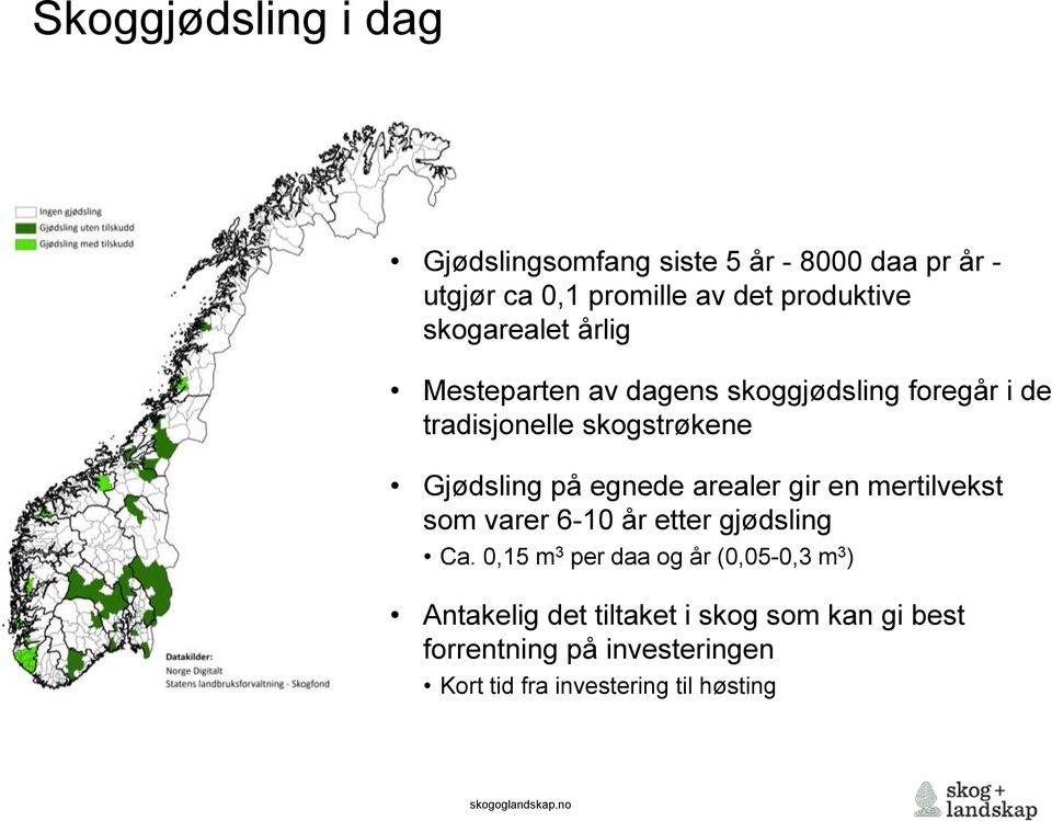 egnede arealer gir en mertilvekst som varer 6-10 år etter gjødsling Ca.