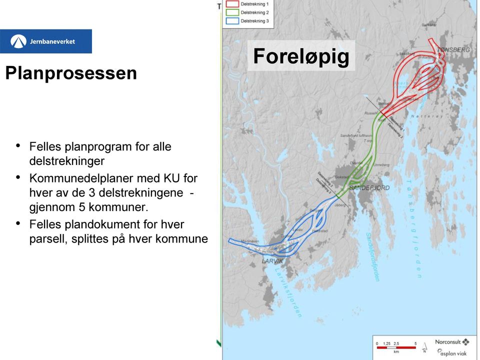 de 3 delstrekningene - gjennom 5 kommuner.