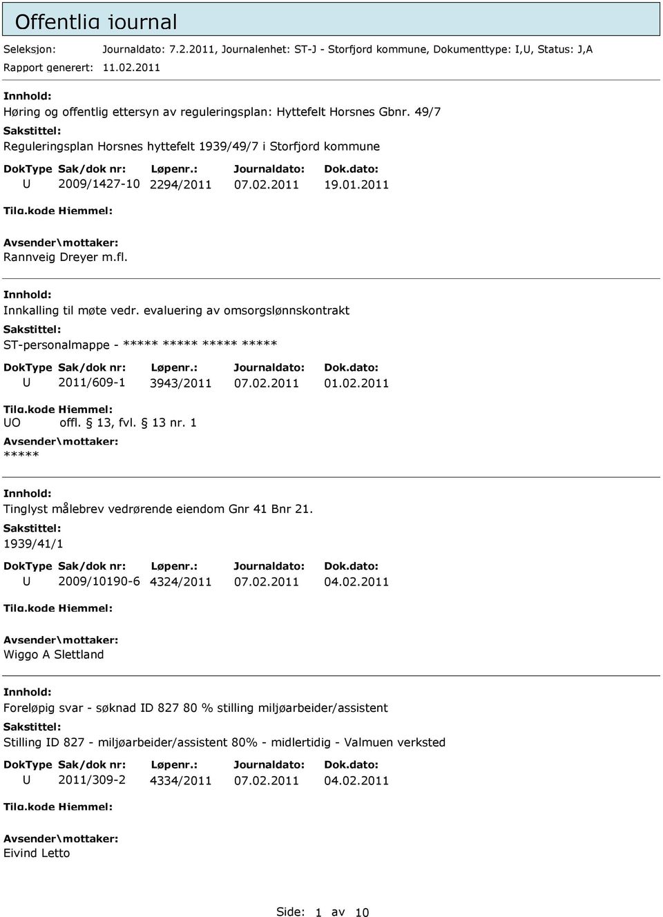 fl. nnkalling til møte vedr. evaluering av omsorgslønnskontrakt ST-personalmappe - ***** ***** ***** ***** O 2011/609-1 3943/2011 ***** 01.02.