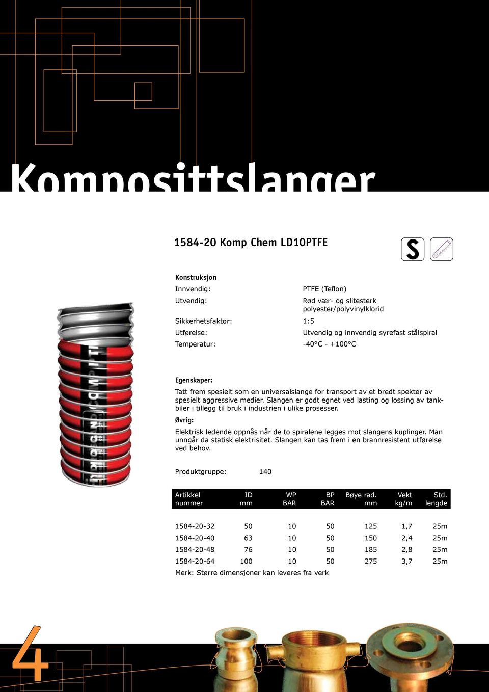 Slangen er godt egnet ved lasting og lossing av tankbiler i tillegg til bruk i industrien i ulike prosesser. Øvrig: Elektrisk ledende oppnås når de to spiralene legges mot slangens kuplinger.