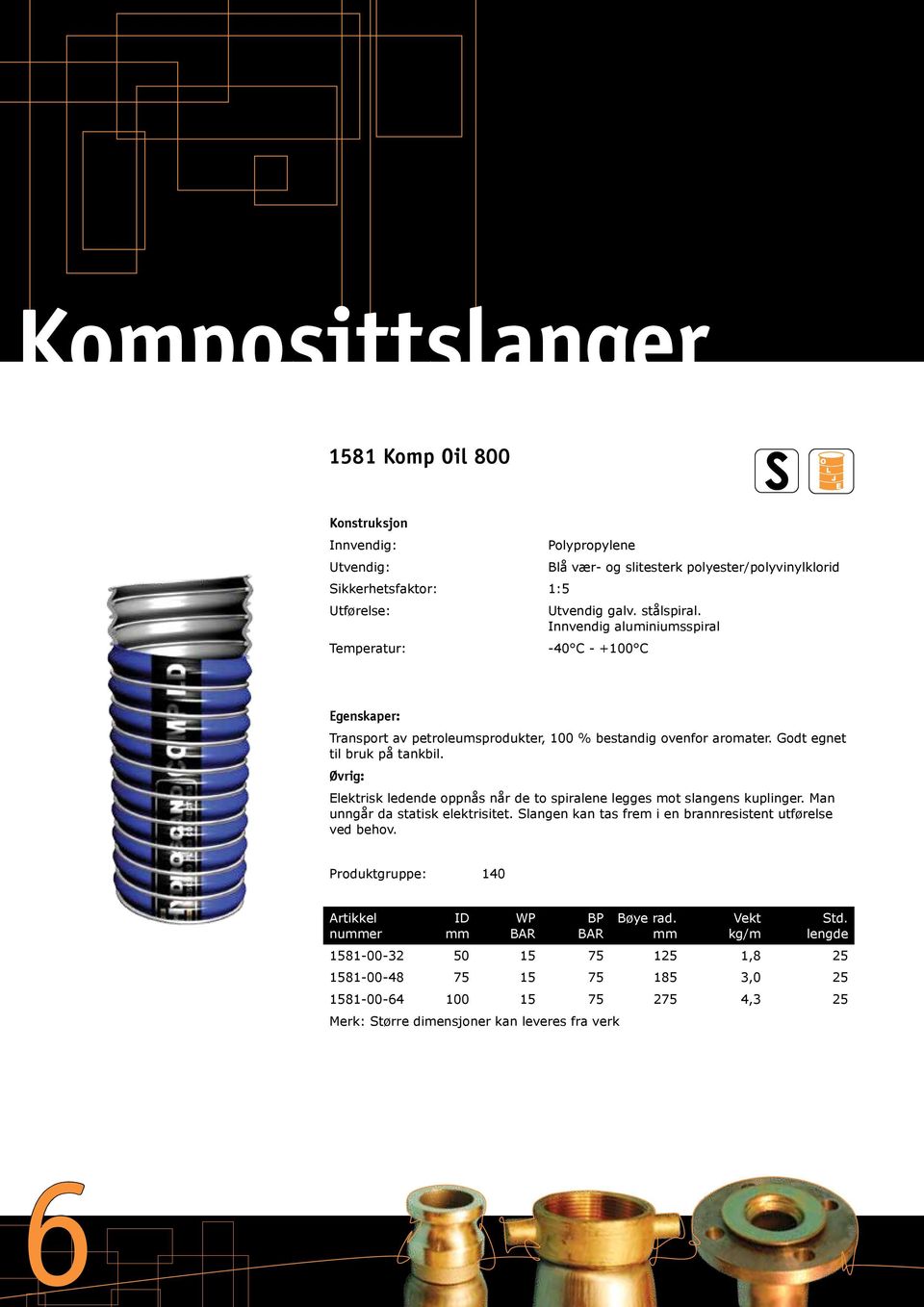 Øvrig: Elektrisk ledende oppnås når de to spiralene legges mot slangens kuplinger. Man unngår da statisk elektrisitet. Slangen kan tas frem i en brannresistent utførelse ved behov.