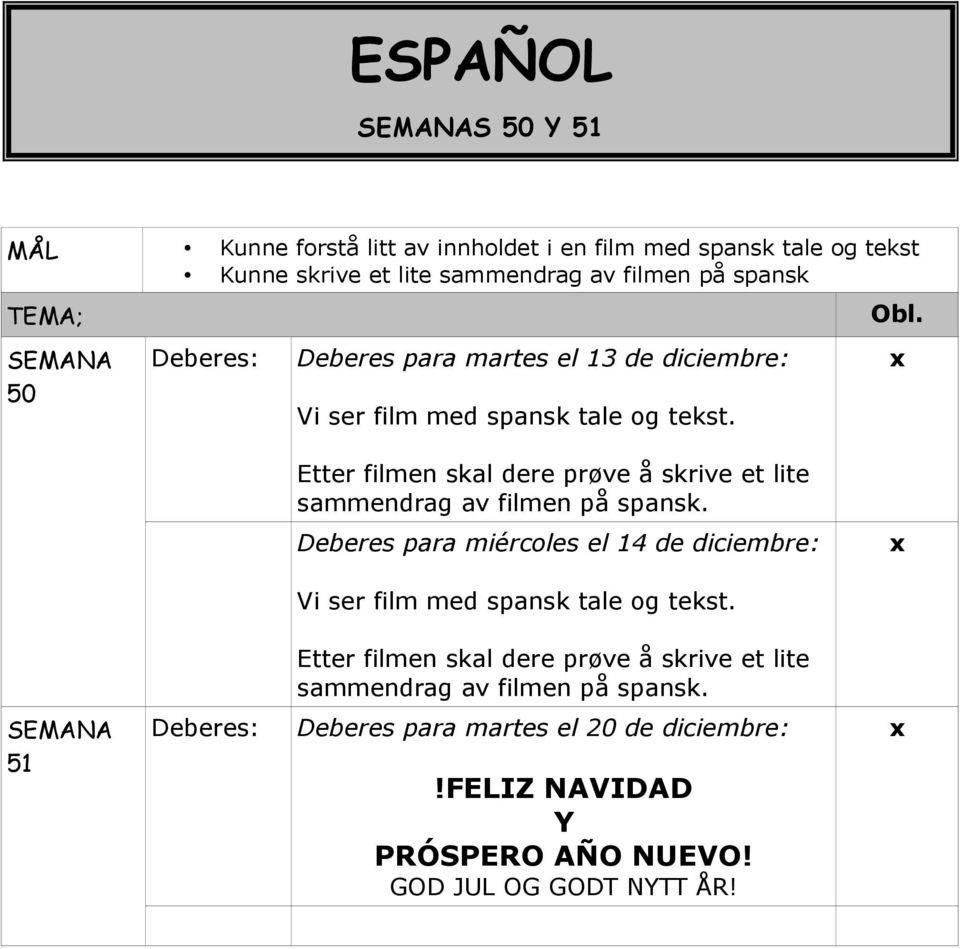 Etter filmen skal dere prøve å skrive et lite sammendrag av filmen på spansk.