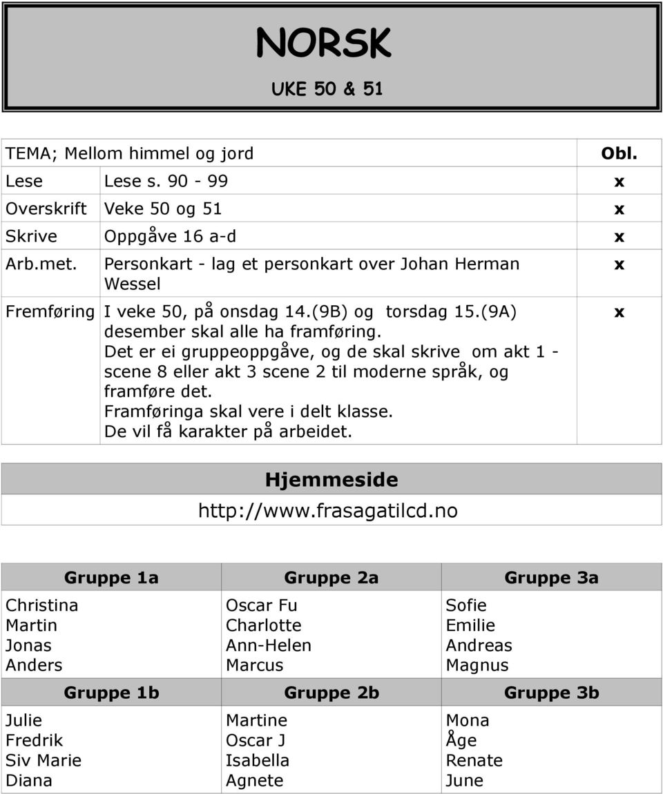 Det er ei gruppeoppgåve, og de skal skrive om akt 1 - scene 8 eller akt 3 scene 2 til moderne språk, og framføre det. Framføringa skal vere i delt klasse.