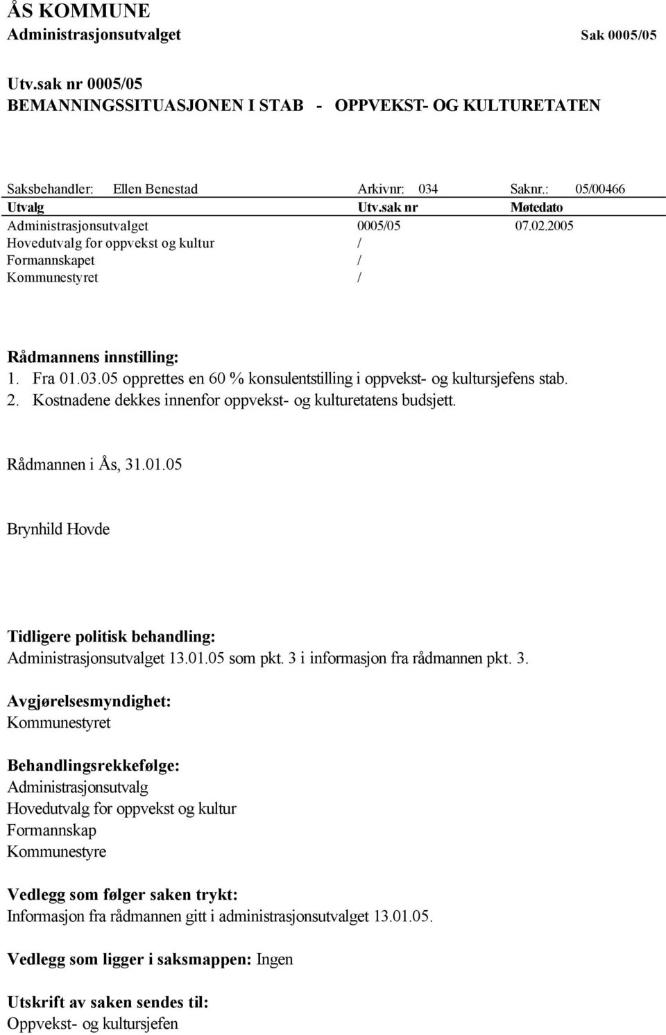 05 opprettes en 60 % konsulentstilling i oppvekst- og kultursjefens stab. 2. Kostnadene dekkes innenfor oppvekst- og kulturetatens budsjett. Rådmannen i Ås, 31.01.