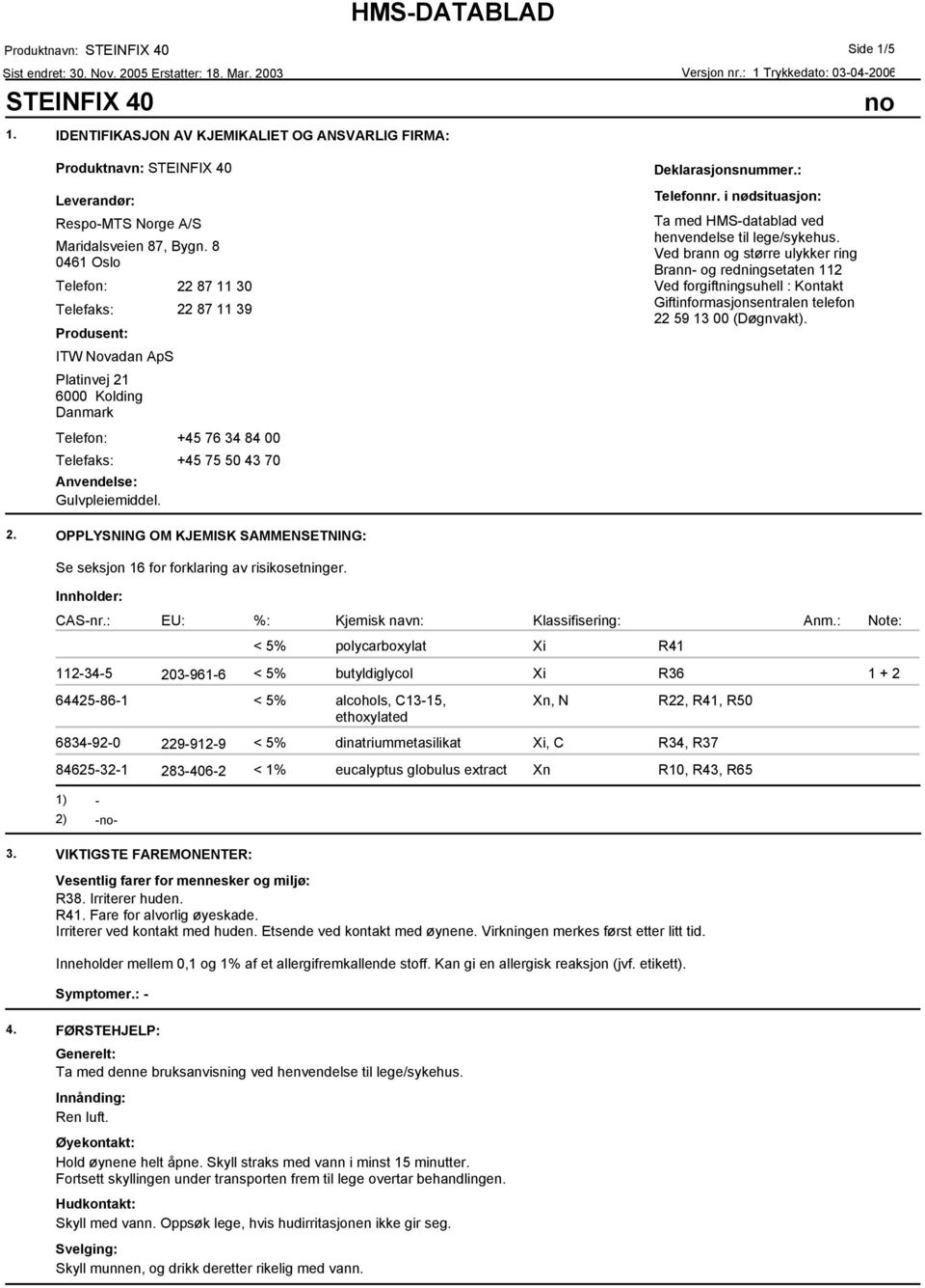 Side 1/5 Deklarasjonsnummer.: Telefonnr. i nødsituasjon: Ta med HMS-datablad ved henvendelse til lege/sykehus.