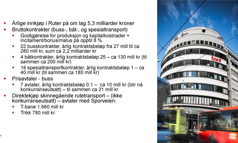 130 mill kr (til sammen ca 200 mill kr) 18 spesialtransportkontrakter, årlig kontraktsbeløp 1 ca 40 mill kr (til sammen ca 180 mill kr) Prisavtaler - buss 7 avtaler, årlig