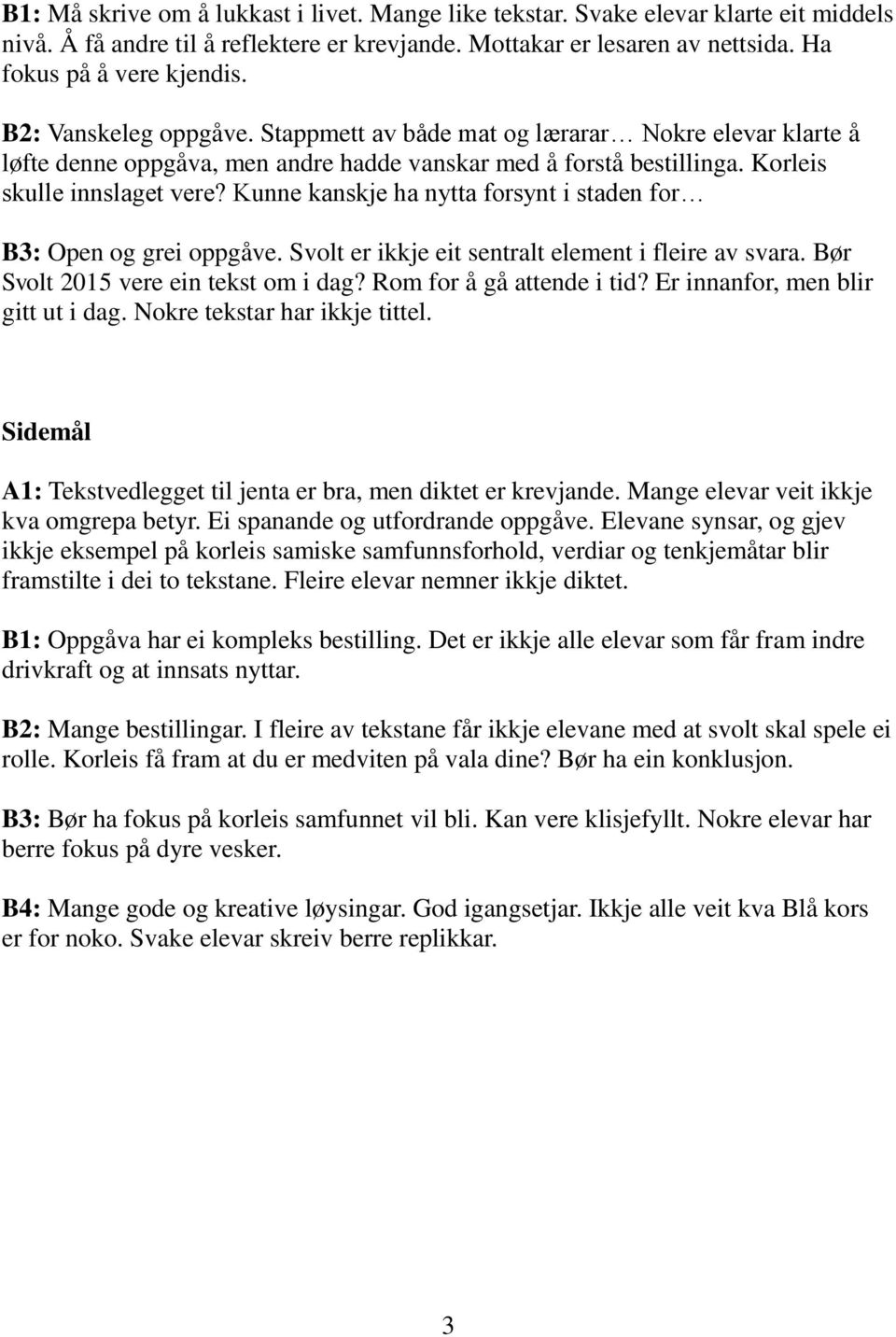 Kunne kanskje ha nytta forsynt i staden for B3: Open og grei oppgåve. Svolt er ikkje eit sentralt element i fleire av svara. Bør Svolt 2015 vere ein tekst om i dag? Rom for å gå attende i tid?