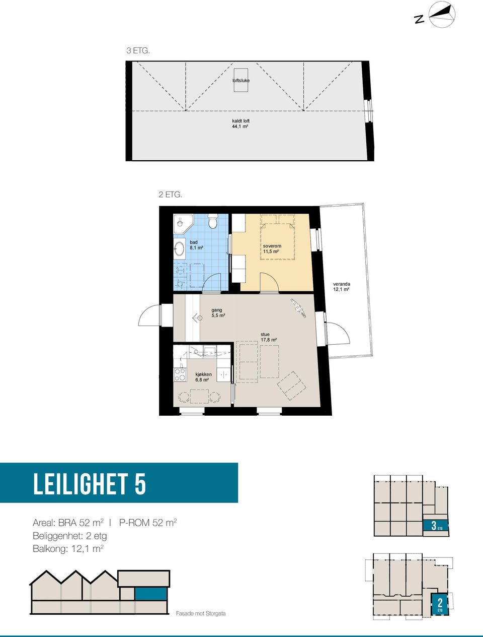 Brygge leilighet 5 Målestokk 1:100 0 1 2 3 4 kjøkken 6,8 m² plan 2.etasje plan 3.