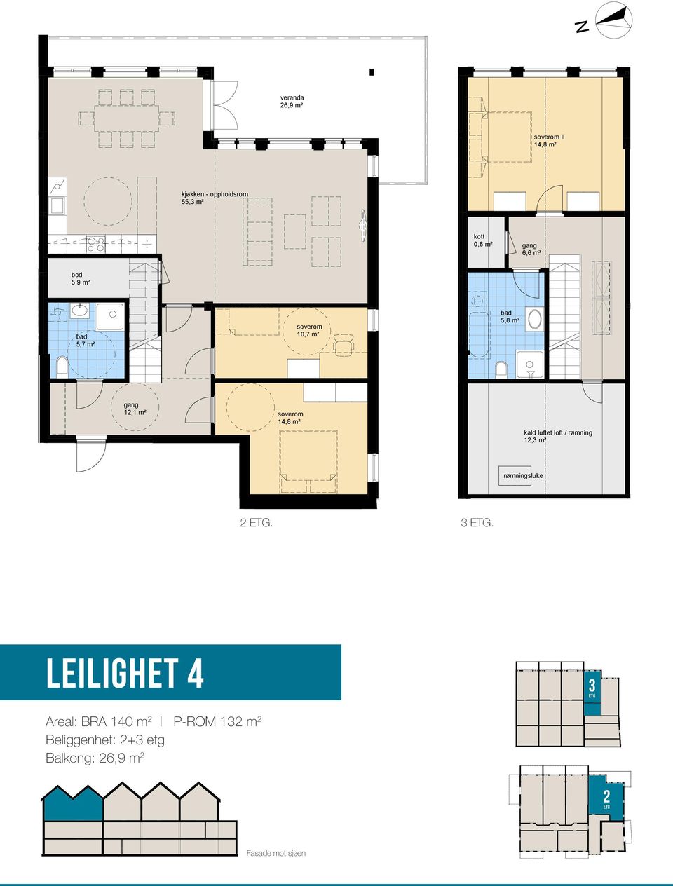 14,8 m² m² kald kald luftet luftet loft loft / / rømning 12,3 12,3 m² m² u løfteplatform rømningsluke 2 ETG. 3 ETG.