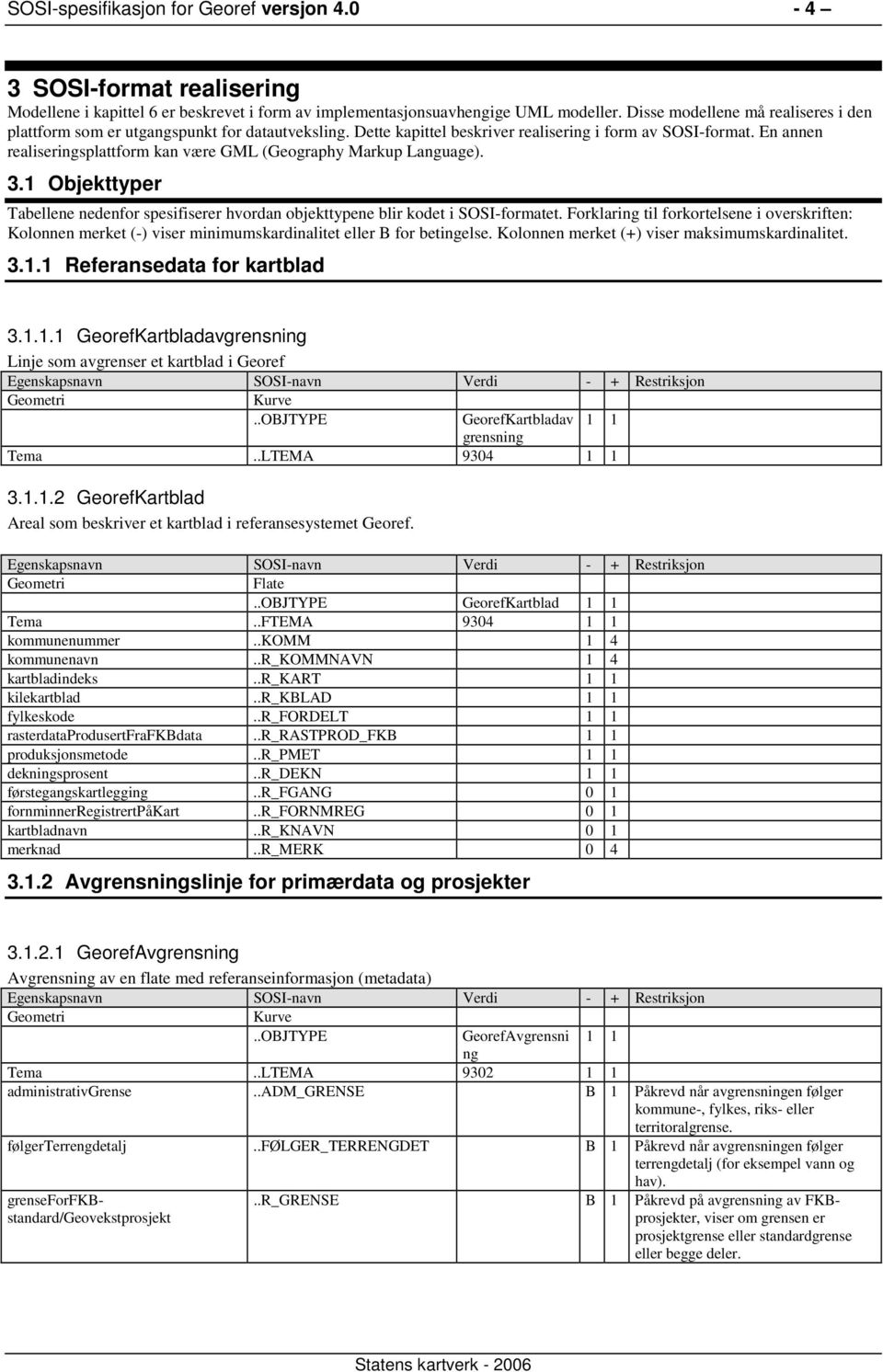 En annen realiseringsplattform kan være GML (Geography Markup Language). 3.1 Objekttyper Tabellene nedenfor spesifiserer hvordan objekttypene blir kodet i SOSI-formatet.