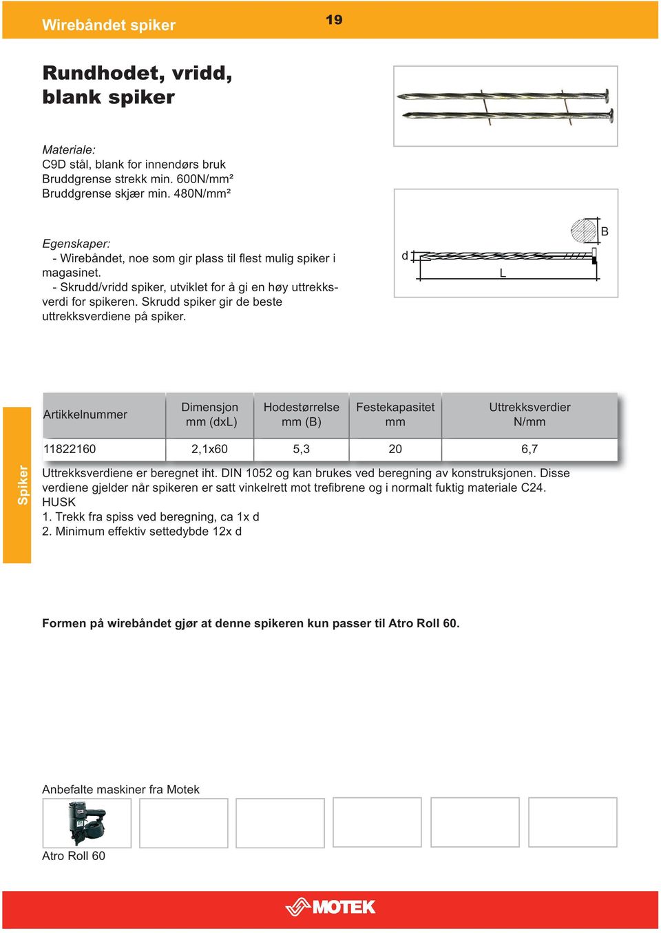 Skru spiker gir e beste uttrekks veriene på spiker. (x) Hoestørrelse () Uttrekksverier 11822160 2,1x60 5,3 20 6,7 Uttrekksveriene er beregnet iht.