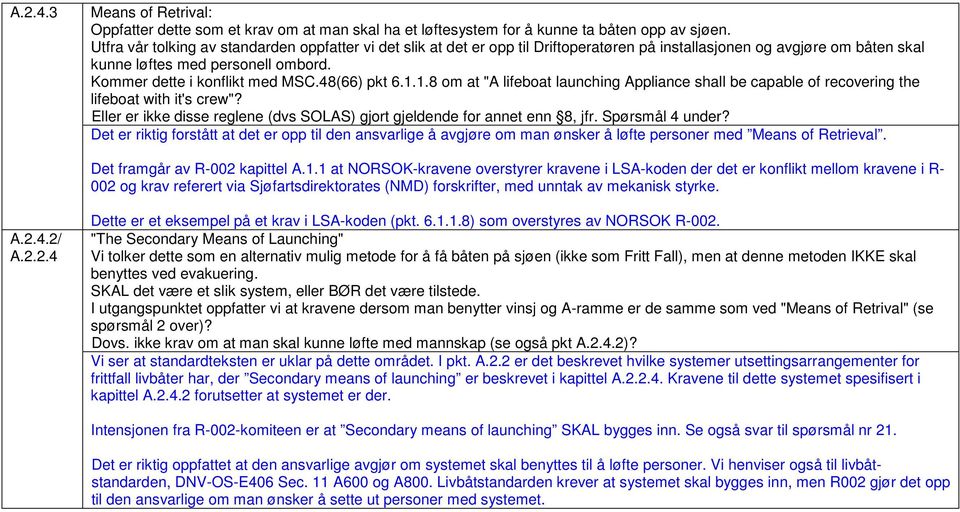 48(66) pkt 6.1.1.8 om at "A lifeboat launching Appliance shall be capable of recovering the lifeboat with it's crew"? Eller er ikke disse reglene (dvs SOLAS) gjort gjeldende for annet enn 8, jfr.