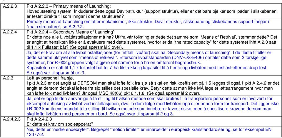 Primary means of Launching omfatter mekanismer, ikke struktur. Davit-struktur, sliskebane og sliskebanens support inngår i main strucuture, se A.2.