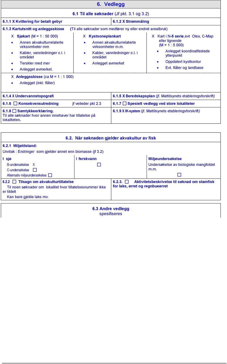 flåter og landbase 6.1.4 X Undervannstopografi 6.1.5 X Beredskapsplan (jf. Mattilsynets etableringsforskrift) 6.1.6 Konsekvensutredning jf veileder pkt 2.3 6.1.7 Spesielt vedlegg ved store lokaliteter 6.