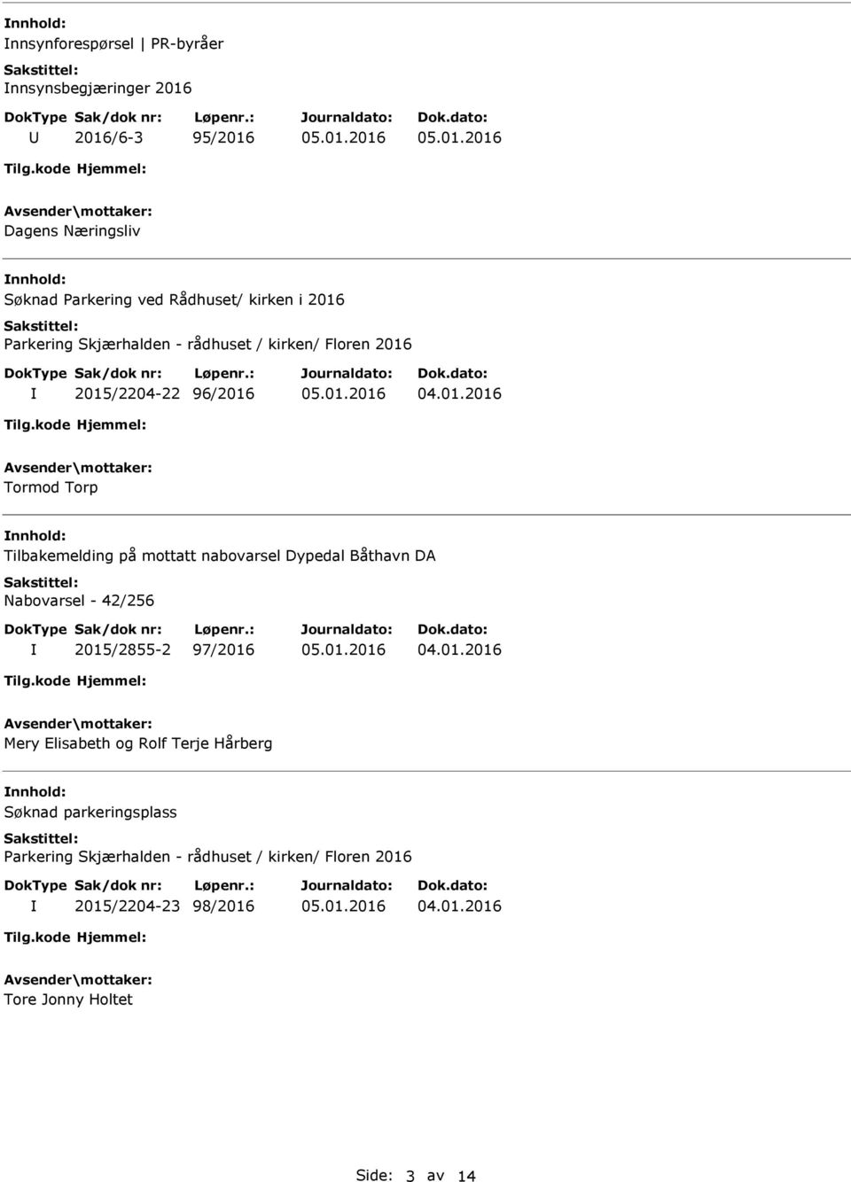 mottatt nabovarsel Dypedal Båthavn DA Nabovarsel - 42/256 2015/2855-2 97/2016 Mery Elisabeth og Rolf Terje Hårberg