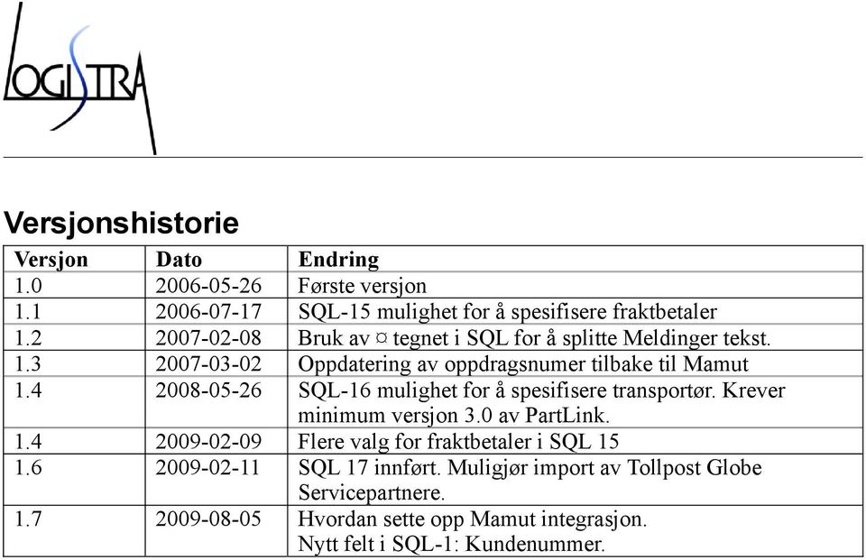 4 2008-05-26 SQL-16 mulighet for å spesifisere transportør. Krever minimum versjon 3.0 av PartLink. 1.
