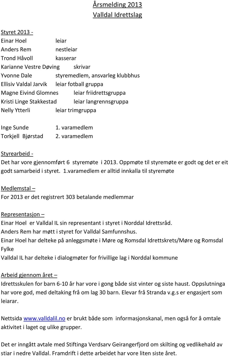 varamedlem Styrearbeid - Det har vore gjennomført 6 styremøte i 2013. Oppmøte til styremøte er godt og det er eit godt samarbeid i styret. 1.