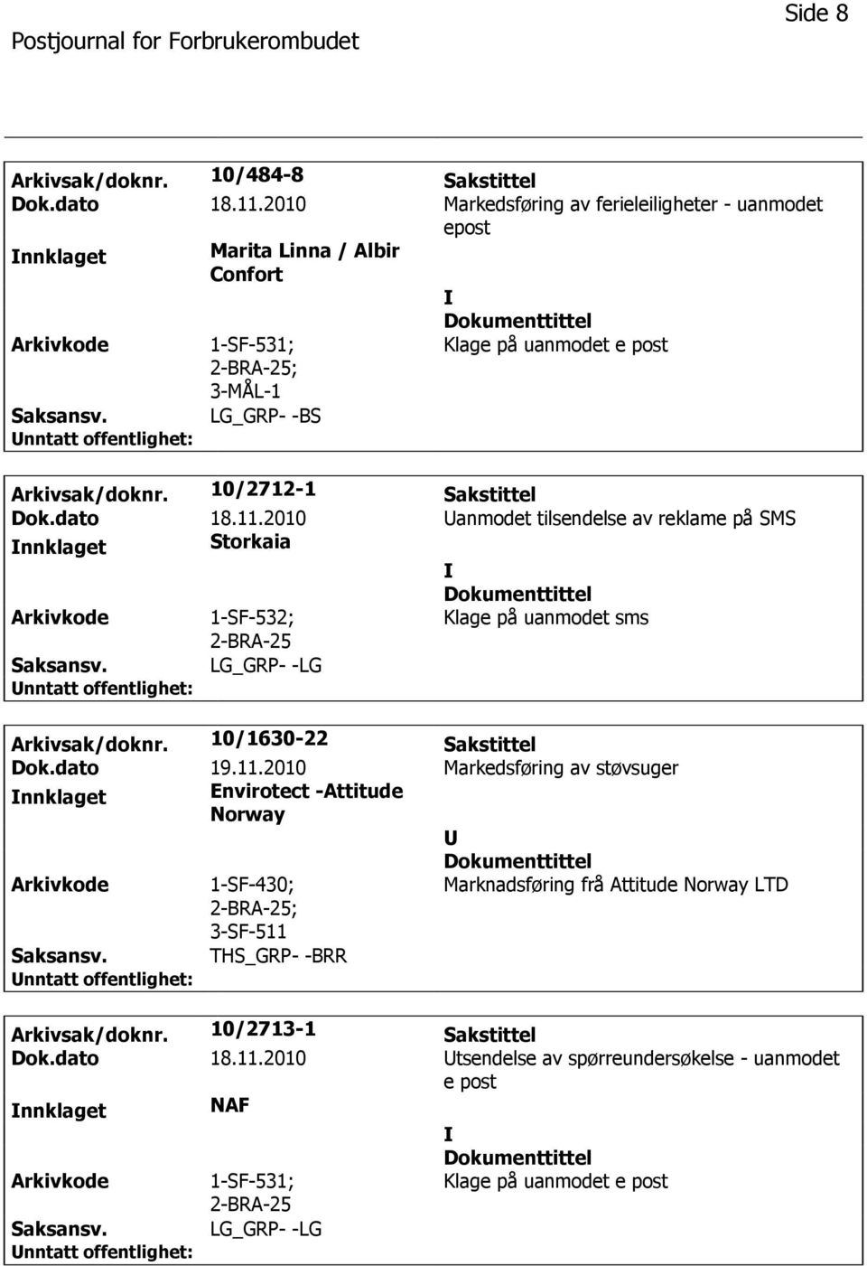 10/2712-1 Sakstittel Dok.dato 18.11.2010 anmodet tilsendelse av reklame på SMS Storkaia 1-SF-532; Klage på uanmodet sms LG_GRP- -LG Arkivsak/doknr.