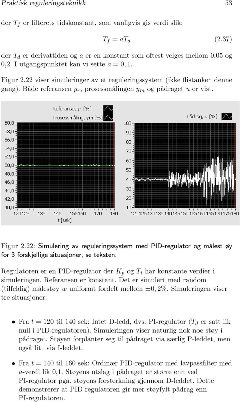 Regulatoren er en PID-regulator der K p og T i har konstante verdier i simuleringen. Referansen er konstant. Det er simulert med random (tilfeldig) målestøy w uniformt fordelt mellom ±0, 2%.