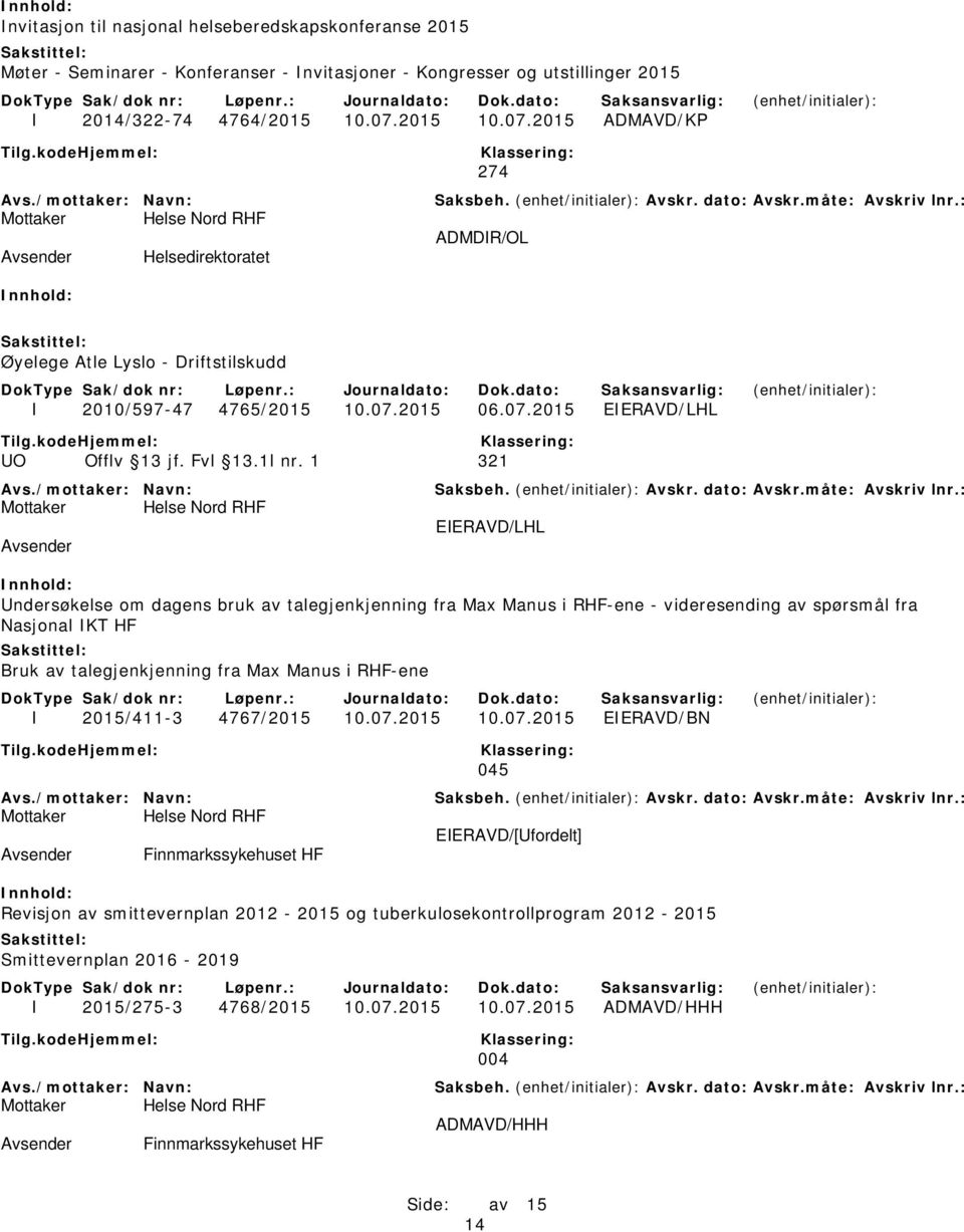 2015 ADMAVD/KP Helsedirektoratet 274 ADMDIR/OL Øyelege Atle Lyslo - Driftstilskudd I 2010/597-47 4765/2015 06.07.