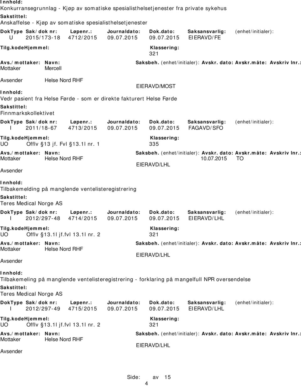 Fvl 13.1l nr. 1 335 10.07.2015 TO Tilbakemelding på manglende ventelisteregistrering Teres Medical Norge AS I 2012/297-48 4714/2015 09.07.2015 09.07.2015 UO Offlv 13.1l jf.fvl 13.1l nr. 2 321 Tilbakemeling på manglende ventelisteregistrering - forklaring på mangelfull NPR oversendelse Teres Medical Norge AS I 2012/297-49 4715/2015 09.