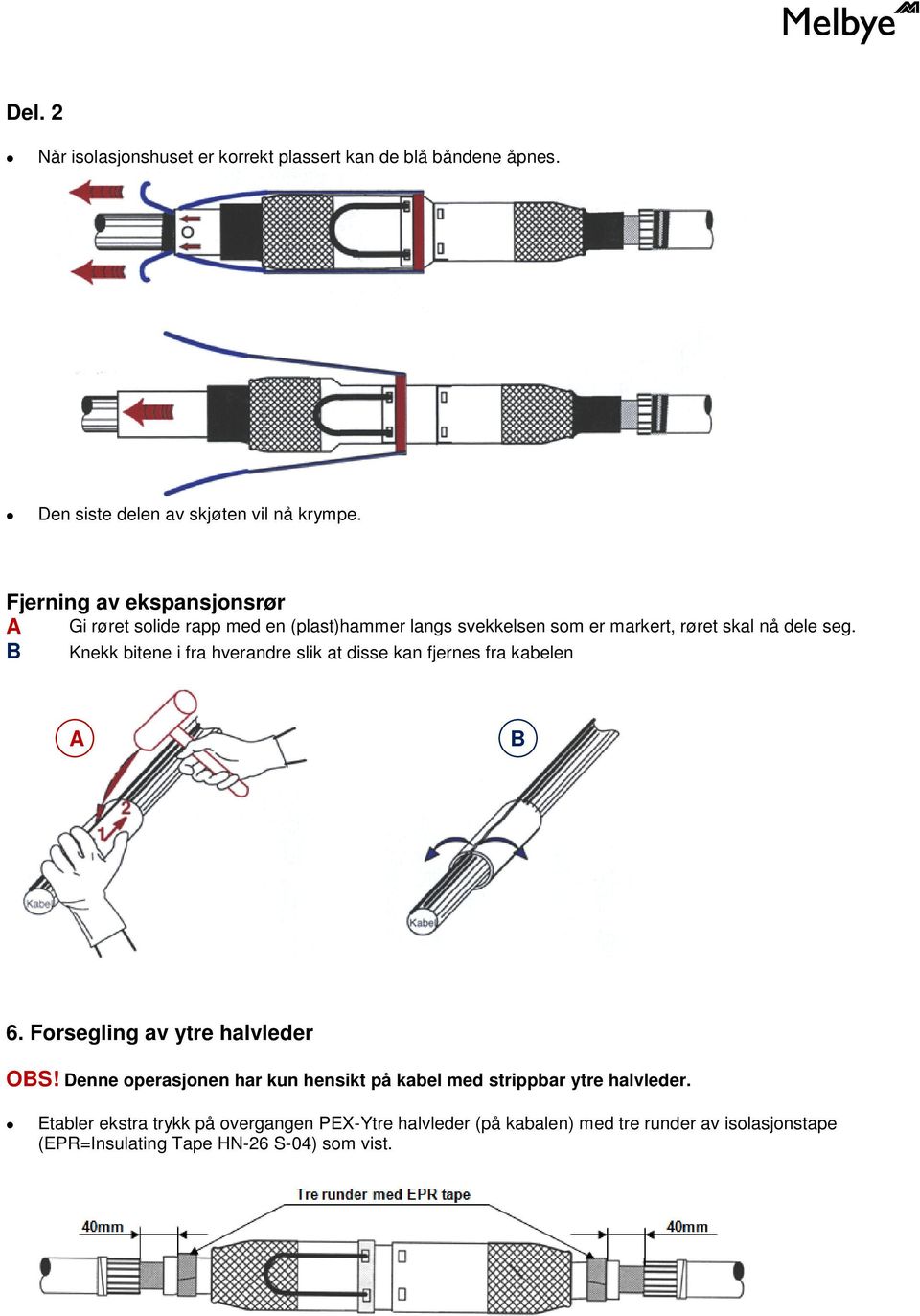 Knekk bitene i fra hverandre slik at disse kan fjernes fra kabelen A B 6. Forsegling av ytre halvleder OBS!