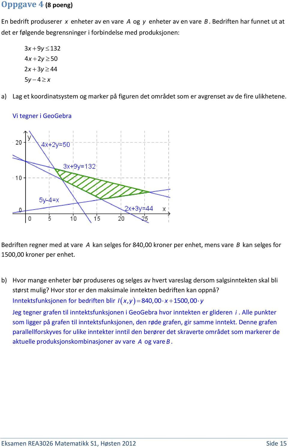 ulikhetene. Vi tegner i GeoGebra Bedriften regner med at vare A kan selges for 840,00 kroner per enhet, mens vare B kan selges for 1500,00 kroner per enhet.