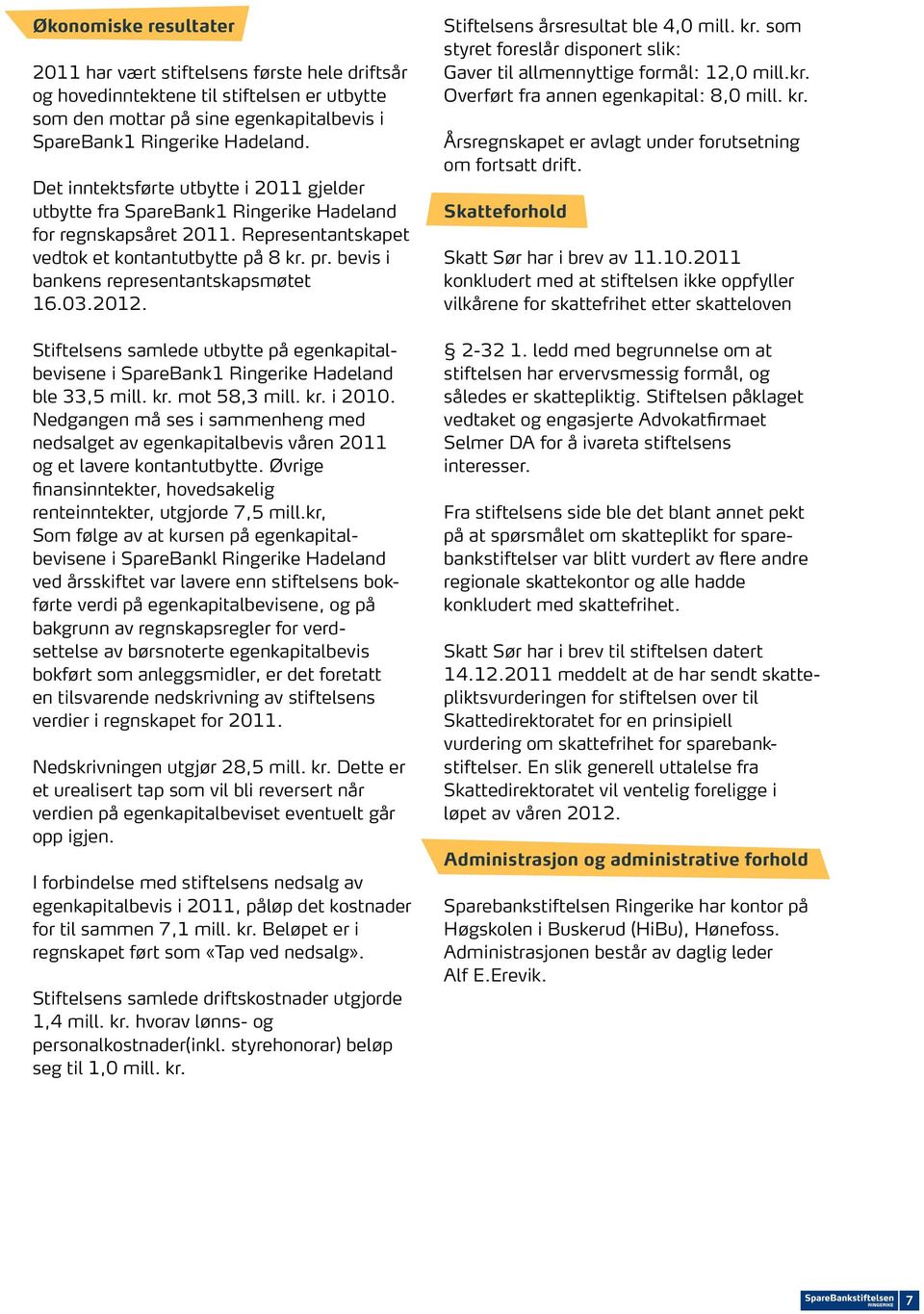 bevis i bankens representantskapsmøtet 16.03.2012. Stiftelsens samlede utbytte på egenkapitalbevisene i SpareBank1 Ringerike Hadeland ble 33,5 mill. kr. mot 58,3 mill. kr. i 2010.
