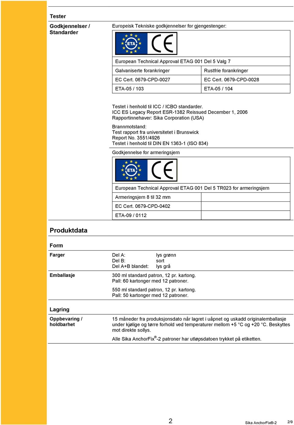 ICC ES Legacy Report ESR-1382 Reissued December 1, 2006 Rapportinnehaver: Sika Corporation (USA) Brannmotstand: Test rapport fra universitetet i Brunswick Report No.