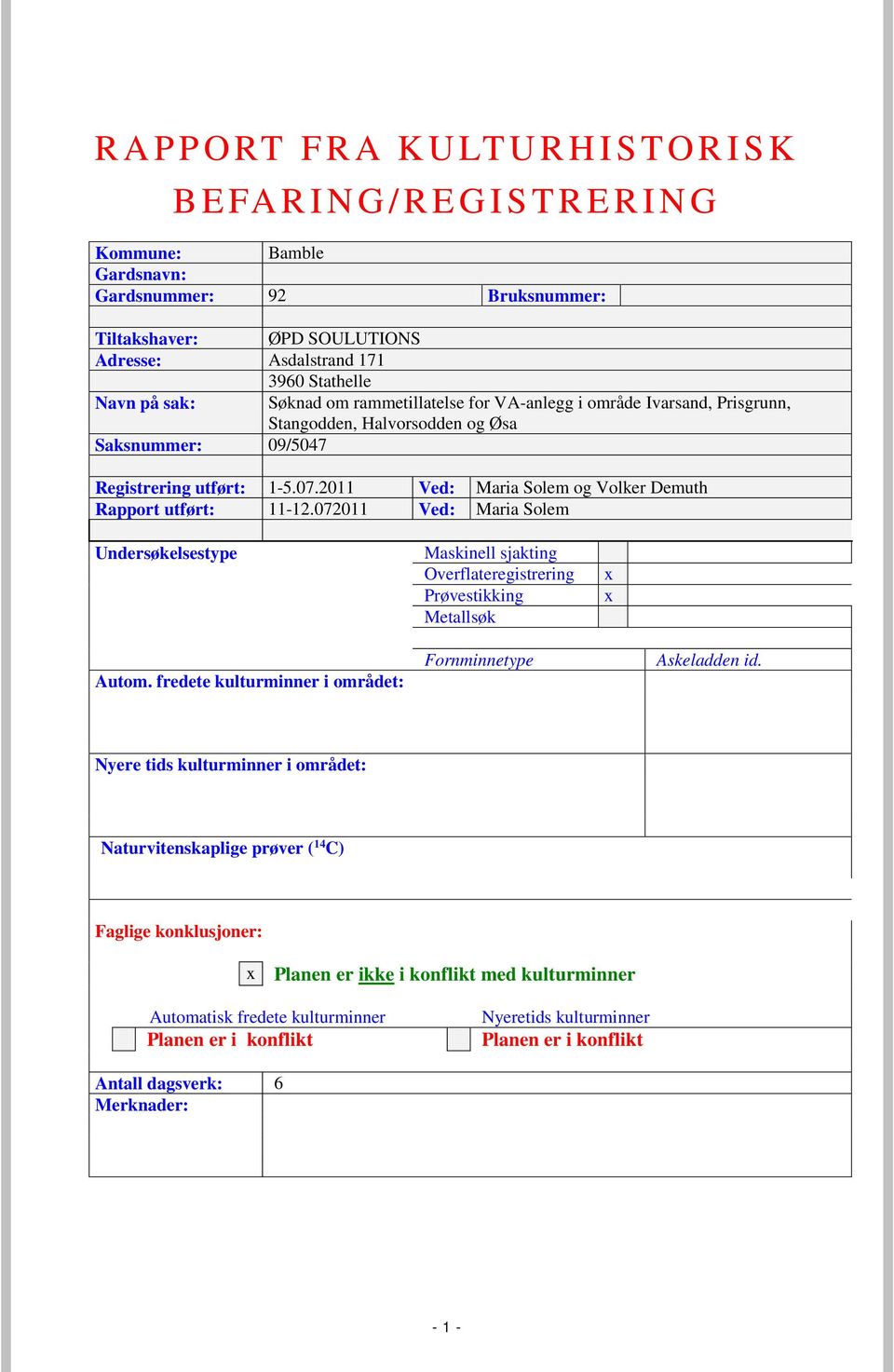 2011 Ved: Maria Solem og Volker Demuth Rapport utført: 11-12.072011 Ved: Maria Solem Undersøkelsestype Maskinell sjakting Overflateregistrering Prøvestikking Metallsøk x x Autom.