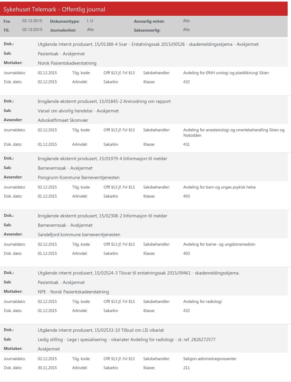 produsert, 15/01979-4 Informasjon til melder Barnevernssak - Porsgrunn Kommune Barneverntjenesten Avdeling for barn og unges psykisk helse 403 Inngående eksternt produsert, 15/02308-2 Informasjon til