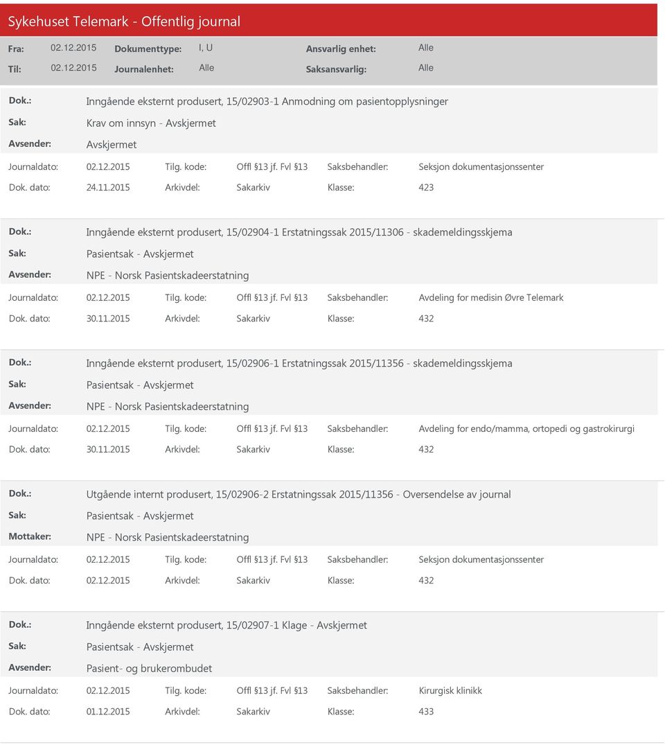 Telemark Inngående eksternt produsert, 15/02906-1 Erstatningssak 2015/11356 - skademeldingsskjema Pasientsak - Avdeling for endo/mamma, ortopedi og