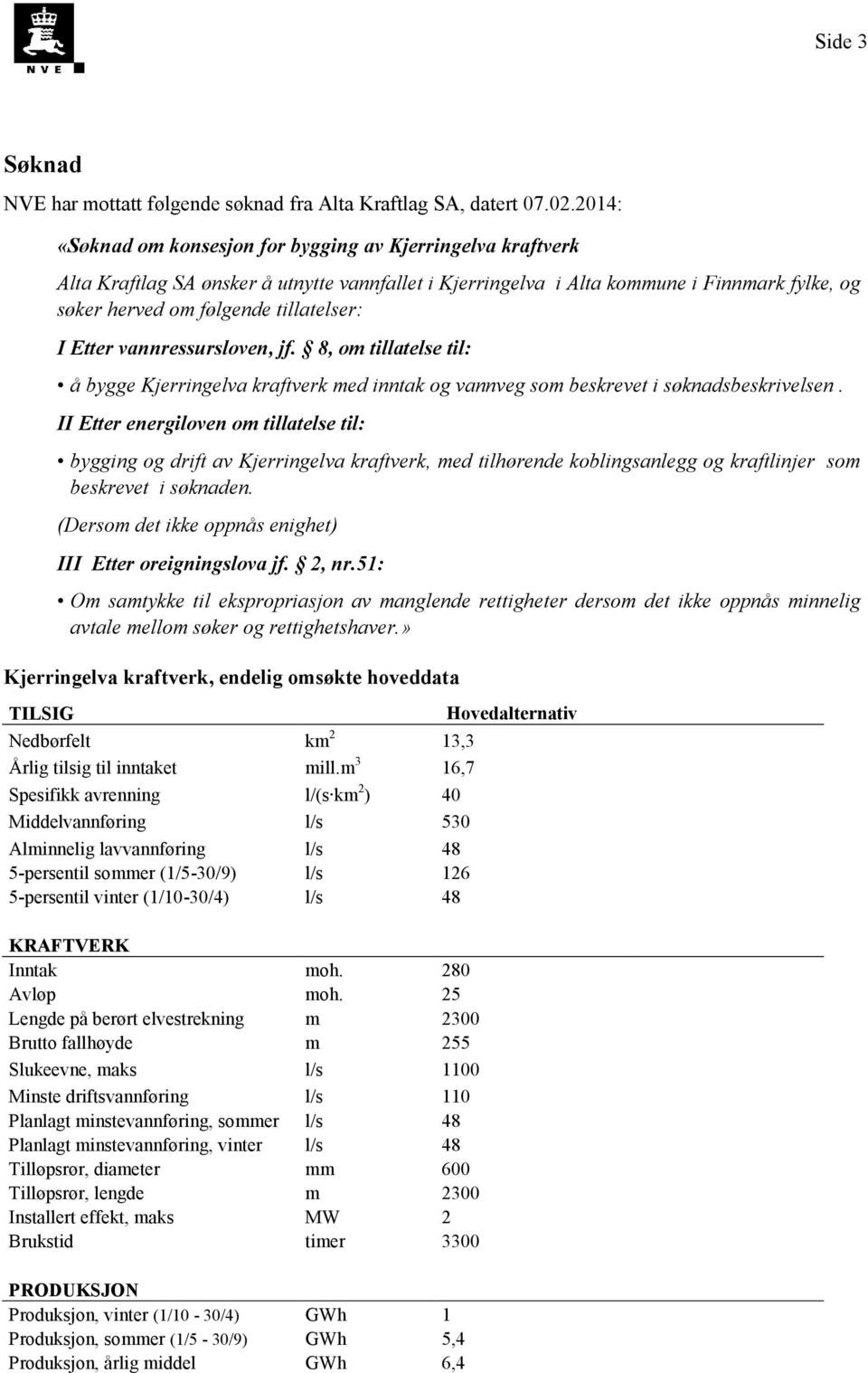 I Etter vannressursloven, jf. 8, om tillatelse til: å bygge Kjerringelva kraftverk med inntak og vannveg som beskrevet i søknadsbeskrivelsen.