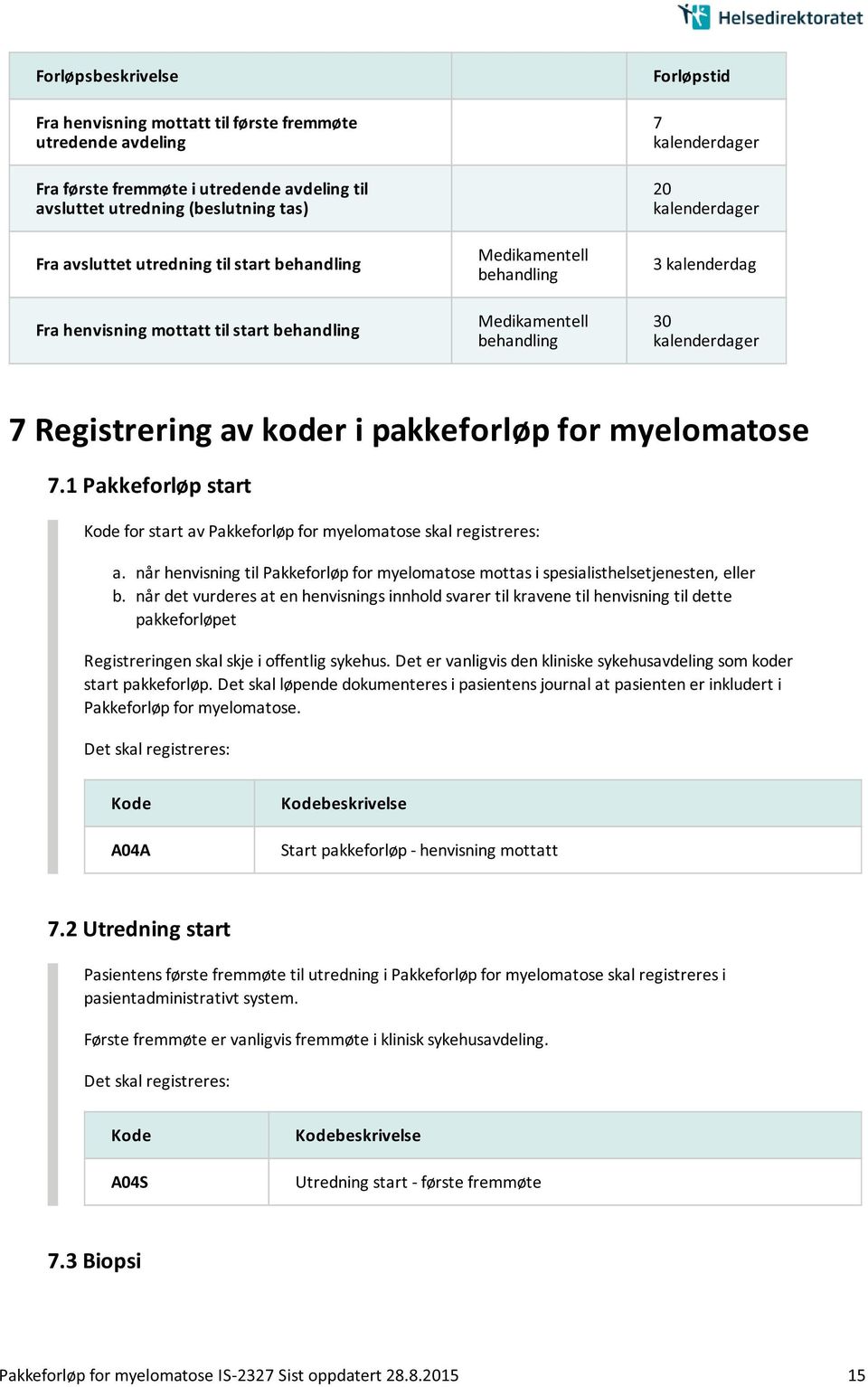 koder i pakkeforløp for myelomatose 7.1 Pakkeforløp start for start av Pakkeforløp for myelomatose skal registreres: a.