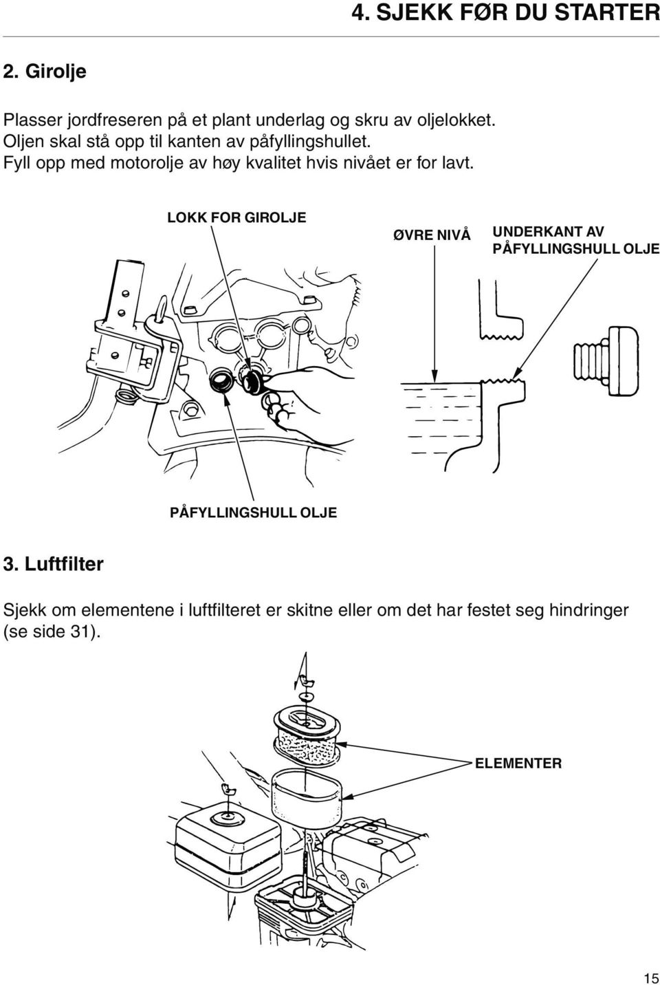 Fyll opp med motorolje av høy kvalitet hvis nivået er for lavt.