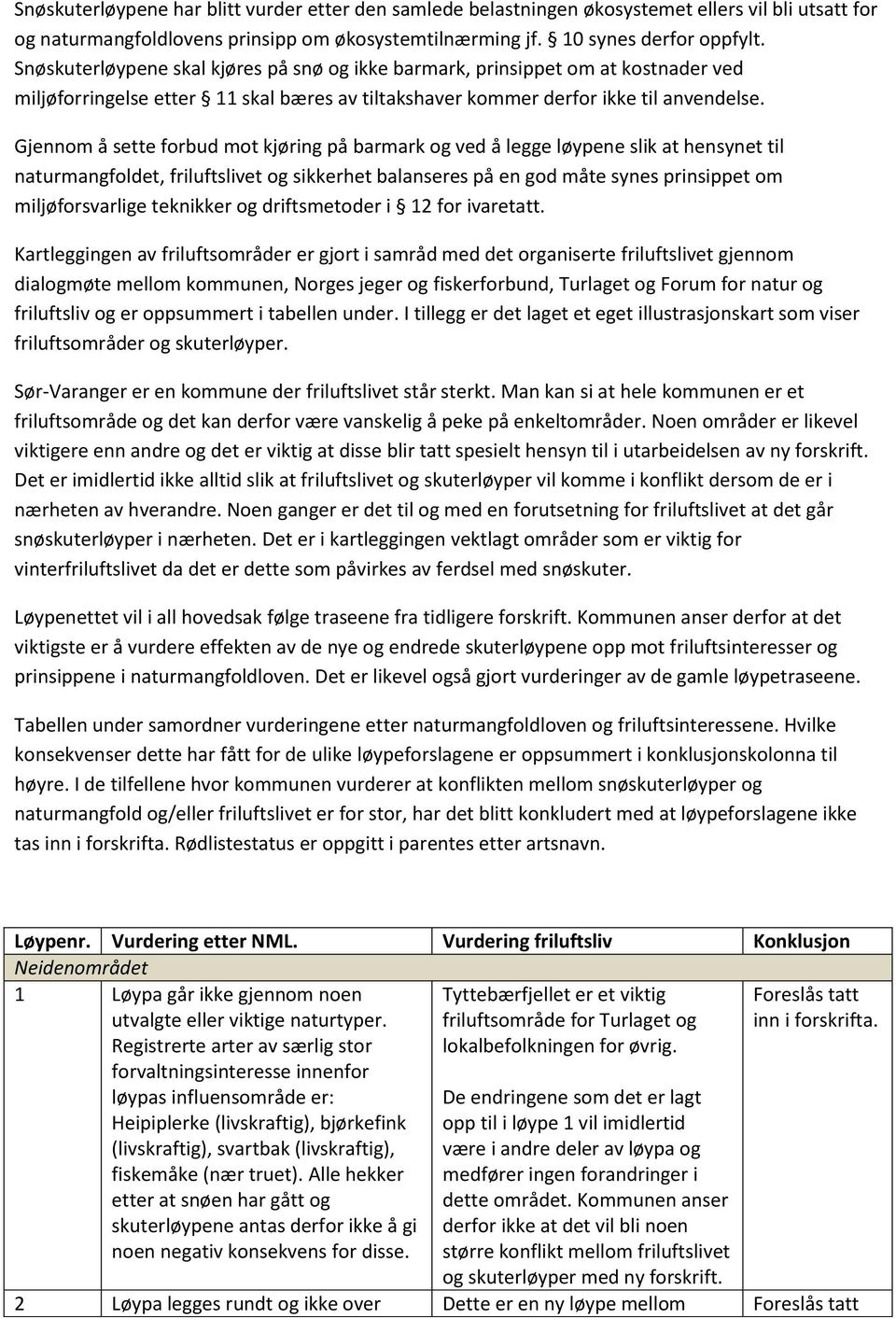 Gjennom å sette forbud mot kjøring på barmark og ved å legge løypene slik at hensynet til naturmangfoldet, friluftslivet og sikkerhet balanseres på en god måte synes prinsippet om miljøforsvarlige