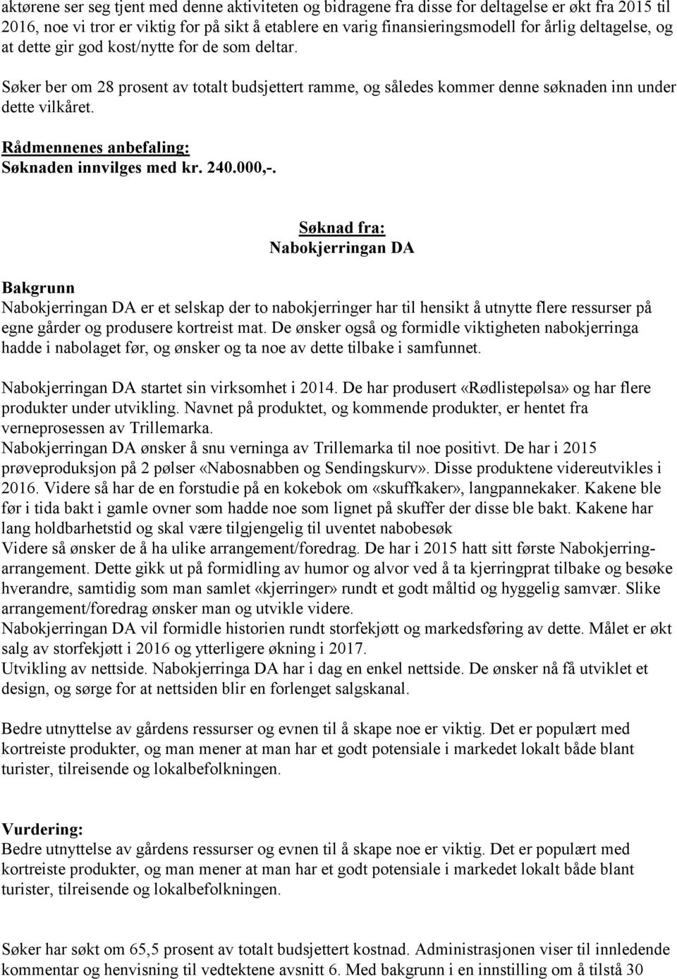 240.000,-. Nabokjerringan DA Nabokjerringan DA er et selskap der to nabokjerringer har til hensikt å utnytte flere ressurser på egne gårder og produsere kortreist mat.