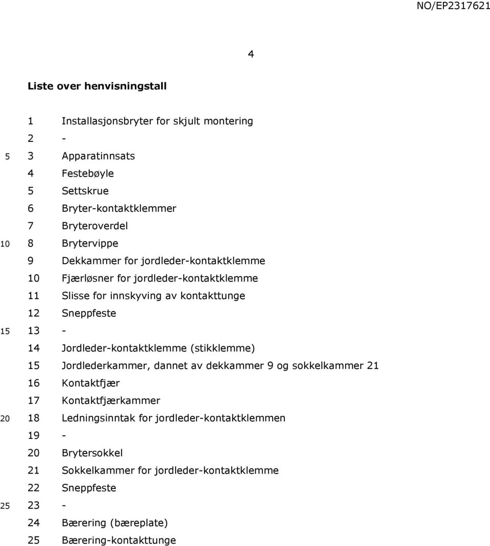 Sneppfeste 13-14 Jordleder-kontaktklemme (stikklemme) 1 Jordlederkammer, dannet av dekkammer 9 og sokkelkammer 21 16 Kontaktfjær 17 Kontaktfjærkammer 18