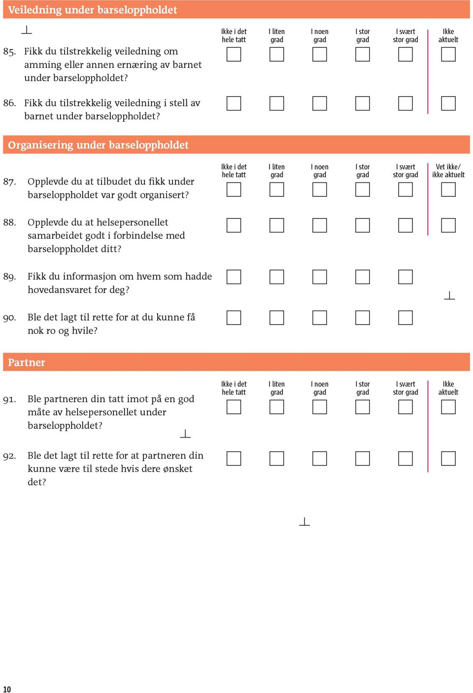 stor Vet ikke/ ikke 88. Opplevde du at helsepersonellet samarbeidet godt i forbindelse med barseloppholdet ditt? 89. Fikk du informasjon om hvem som hadde hovedansvaret for deg? 90.