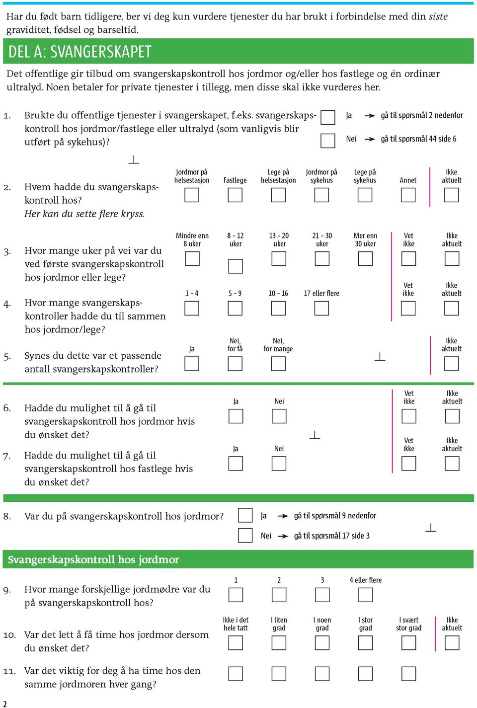 Noen betaler for private tjenester i tillegg, men disse skal ikke vurderes her. 1. Brukte du offentlige tjenester i svangerskapet, f.eks.