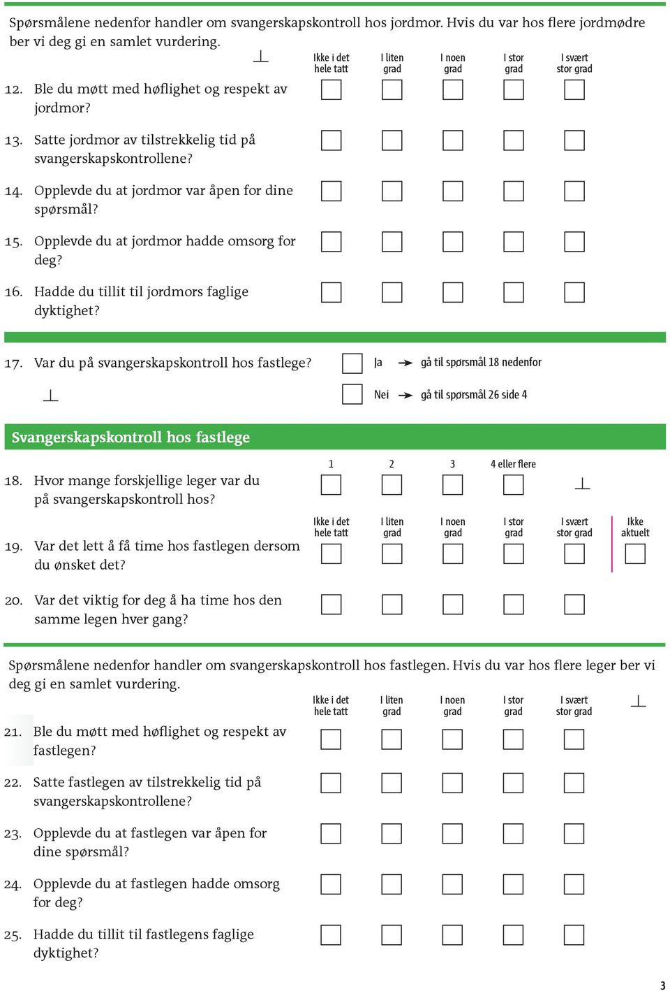 Hadde du tillit til jordmors faglige dyktighet? 17. Var du på svangerskapskontroll hos fastlege? gå til spørsmål 18 nedenfor gå til spørsmål 26 side 4 Svangerskapskontroll hos fastlege 18.