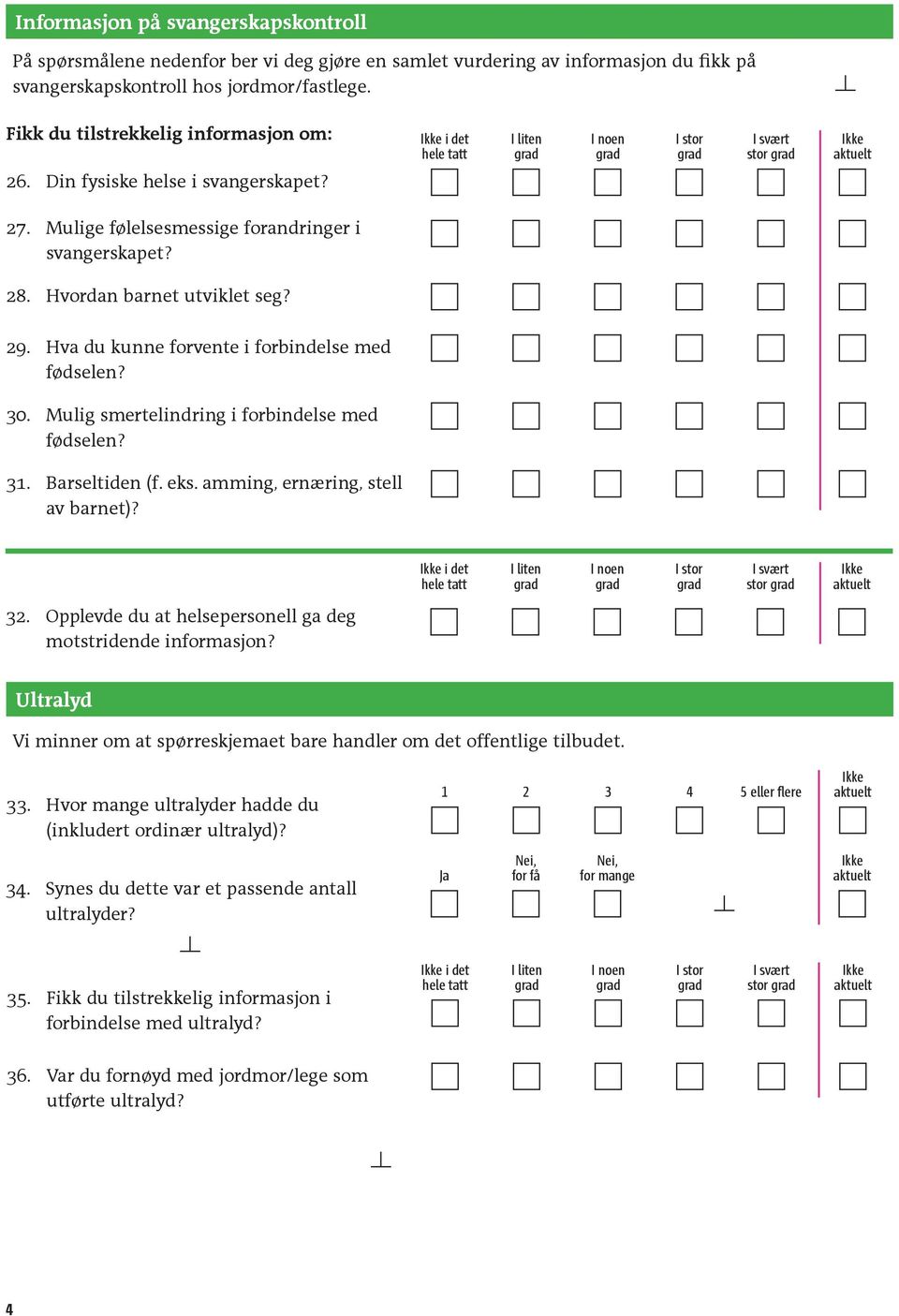 Hva du kunne forvente i forbindelse med fødselen? 30. Mulig smertelindring i forbindelse med fødselen? 31. Barseltiden (f. eks. amming, ernæring, stell av barnet)? stor 32.