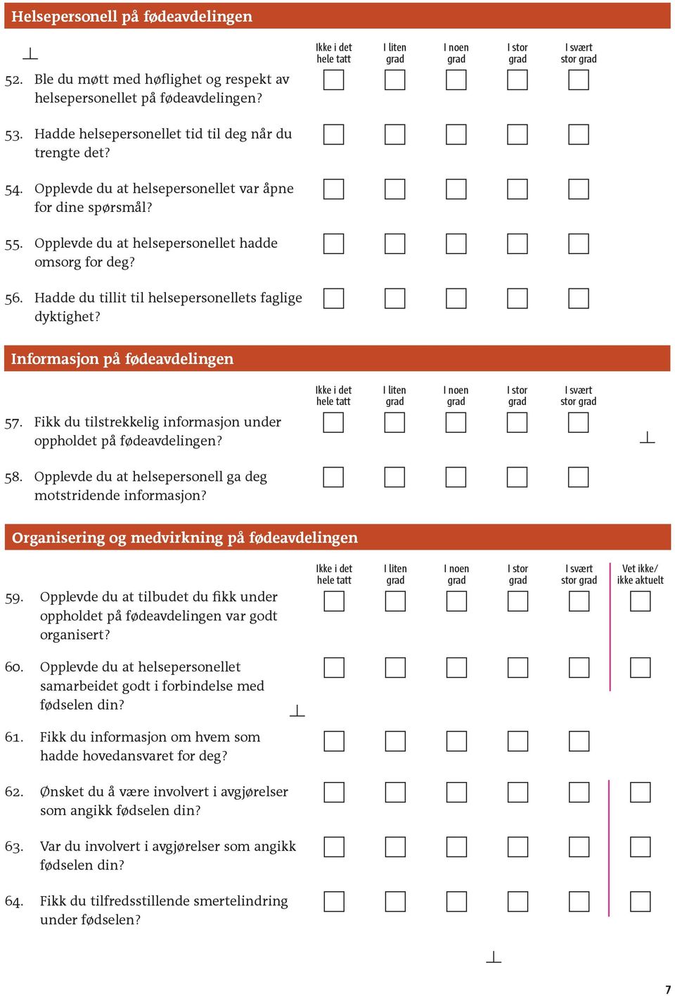 Informasjon på fødeavdelingen 57. Fikk du tilstrekkelig informasjon under oppholdet på fødeavdelingen? stor 58. Opplevde du at helsepersonell ga deg motstridende informasjon?