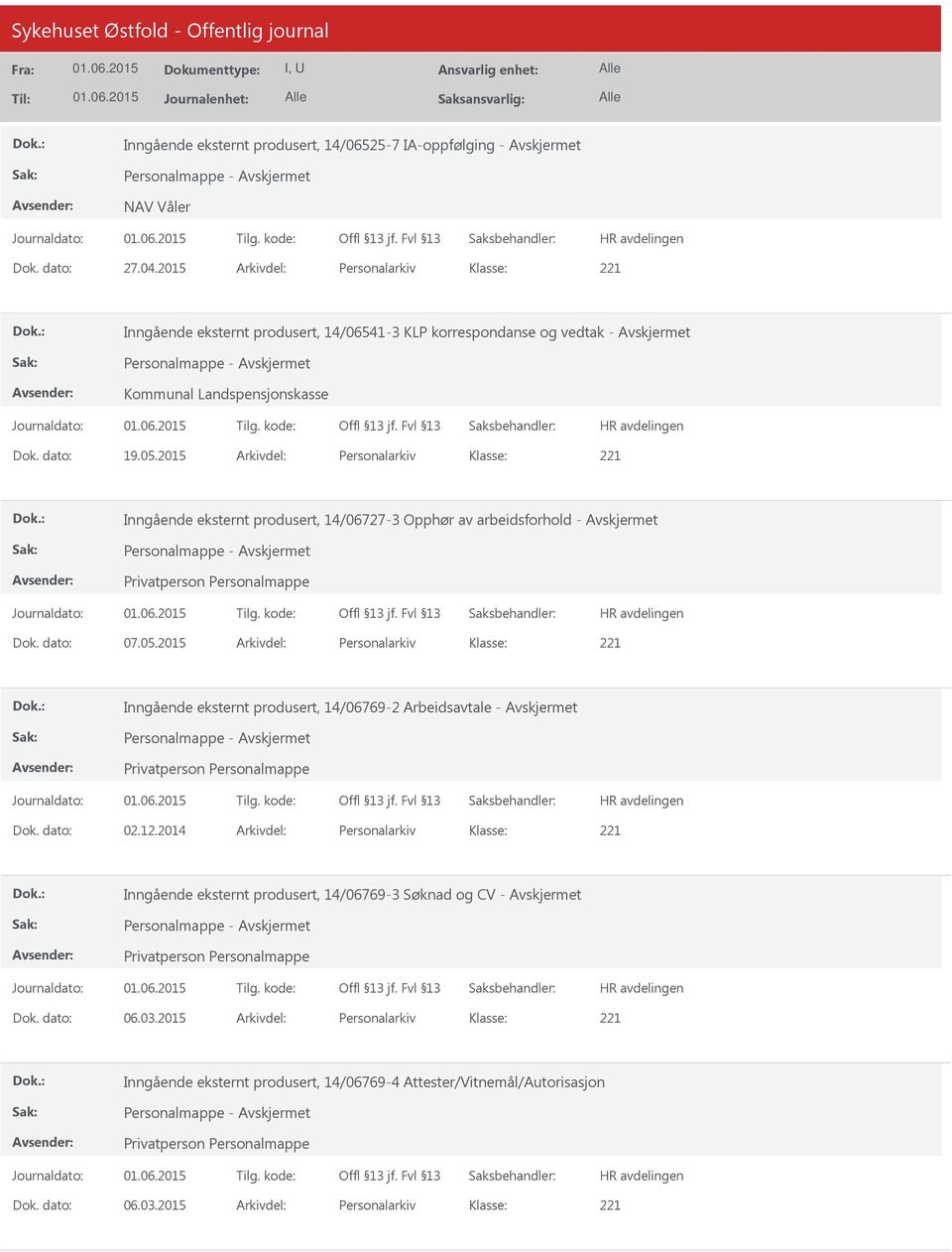 2015 Arkivdel: Personalarkiv Inngående eksternt produsert, 14/06727-3 Opphør av arbeidsforhold - Dok. dato: 07.05.