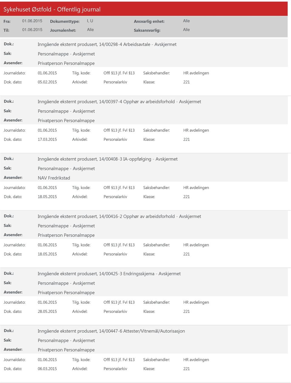 2015 Arkivdel: Personalarkiv Inngående eksternt produsert, 14/00416-2 Opphør av arbeidsforhold - Dok. dato: 18.05.