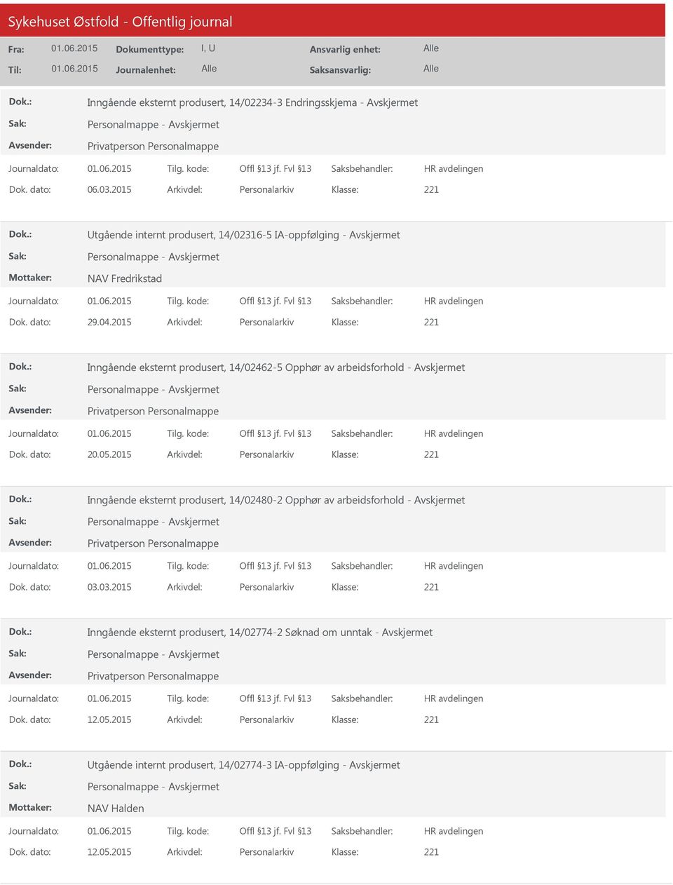 2015 Arkivdel: Personalarkiv Inngående eksternt produsert, 14/02462-5 Opphør av arbeidsforhold - Dok. dato: 20.05.